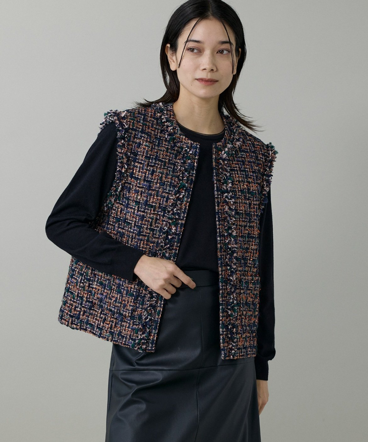 INED 《大きいサイズ》ツイードジレ《TOURNIER/トゥルニエ》 イネド ジャケット・アウター その他のジャケット・アウター ブルー ベージュ【送料無料】