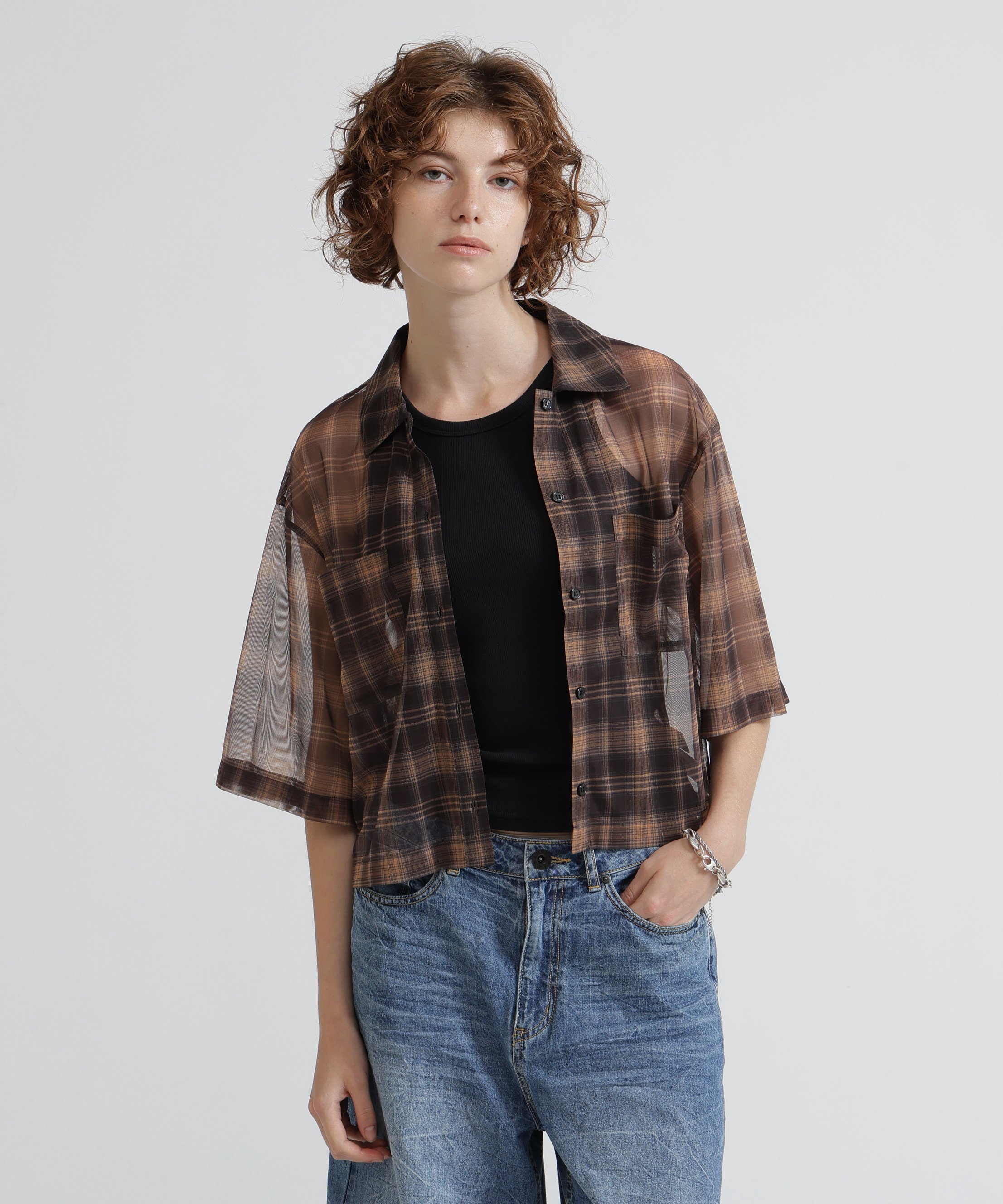 《直営店限定》SHEER CHECK SHIRT アヴィレックス トップス シャツ・ブラウス オレンジ ベージュ
