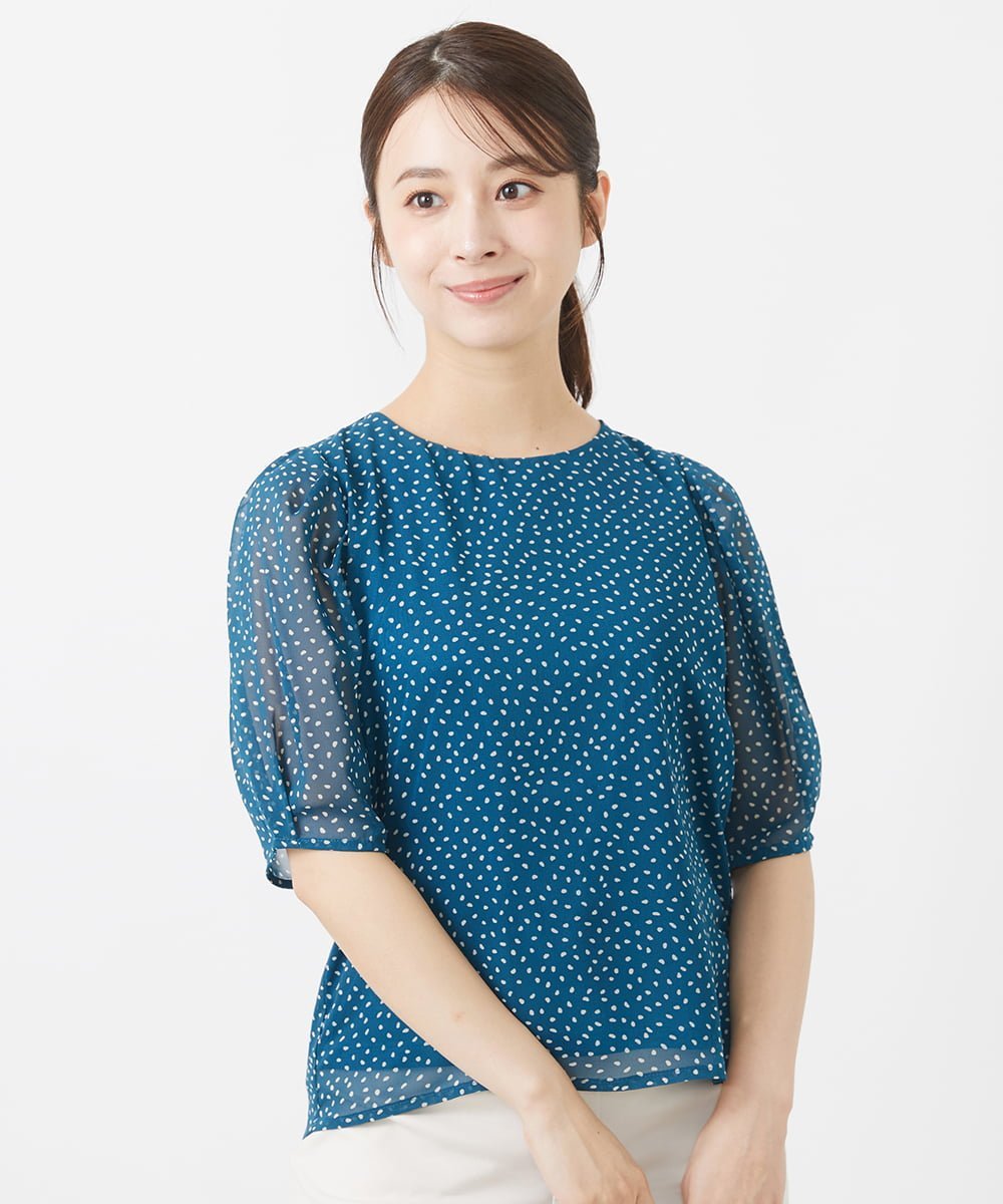MK MICHEL KLEIN（小さいサイズ） 【小さいサイズ】モダンドット柄シフォンブラウス/洗える メゾンドゥサンク トップス シャツ・ブラウス ブルー ブラック
