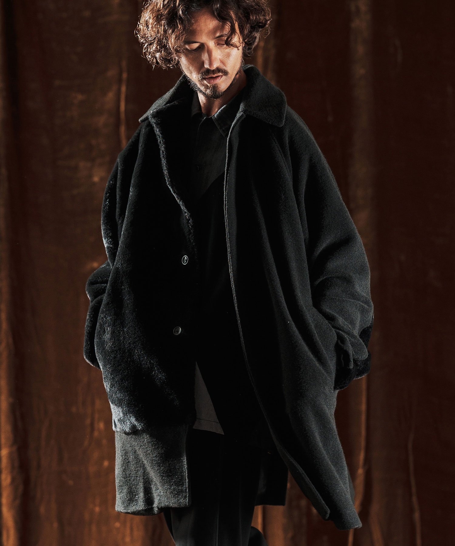 ANGENEHM mj10980-Sliver Knit * Shaggy Panel Soutien Collar Coat ステンカラーコート カンビオ ジャケット・アウター その他のジャケット・アウター ブラウン ブラック【送料無料】