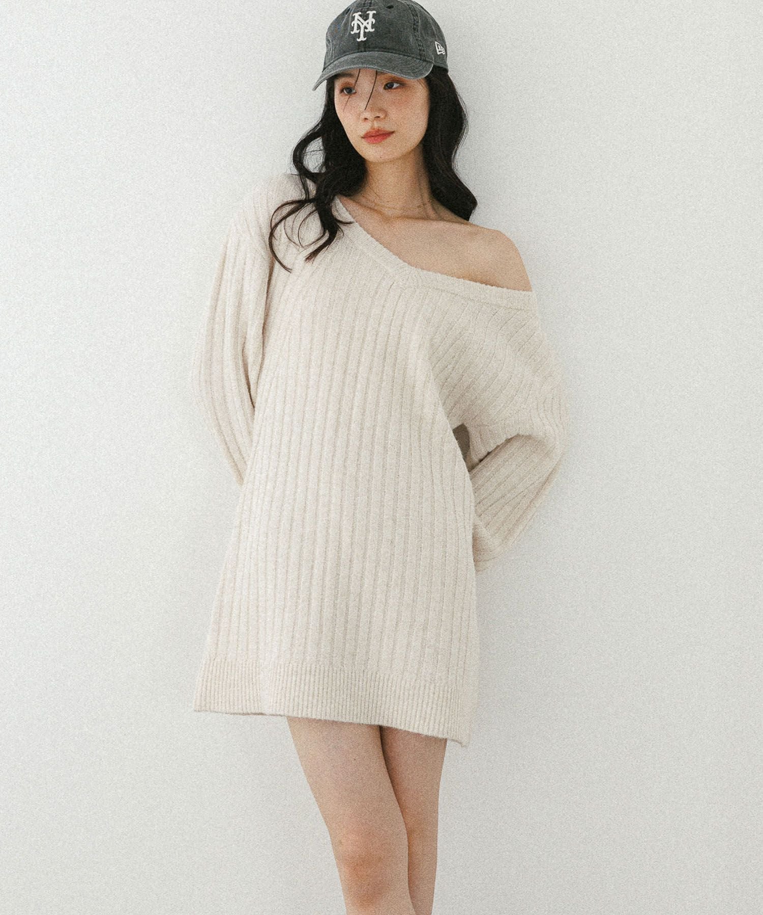 【SALE／55%OFF】Heather Vネックオフショルニットミニワンピース ヘザー ワンピース・ドレス チュニック ホワイト ベージュ グレー