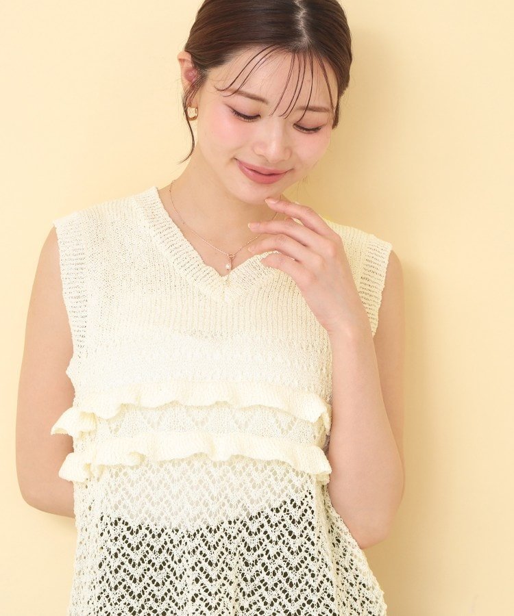 V-Neck - index 透かし編みミニペプラムノースリーブニット【洗濯機OK】 インデックス トップス ニット グレー ホワイト ブラック グリーン【送料無料】