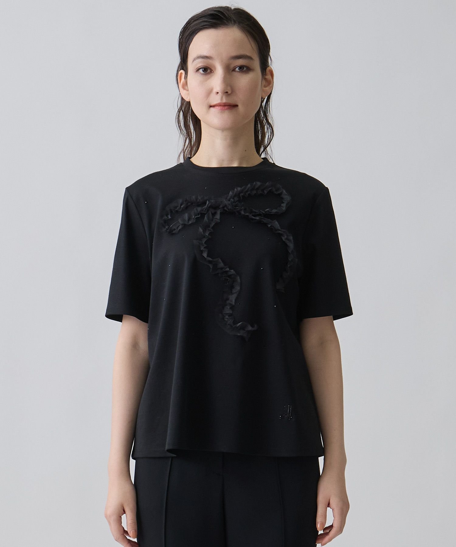 桐生オーガンジーリボン刺繍×ホットフィット・新定番カットソー ランバン コレクション トップス カットソー・Tシャツ ホワイト ブラック