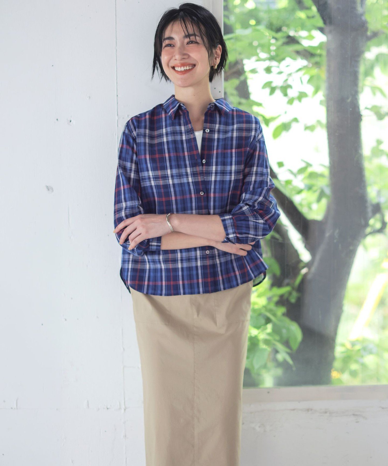 J.PRESS LADIES L コットンリネン Light マドラスチェック シャツ ジェイプレス トップス シャツ・ブラウス ブラウン ネイビー