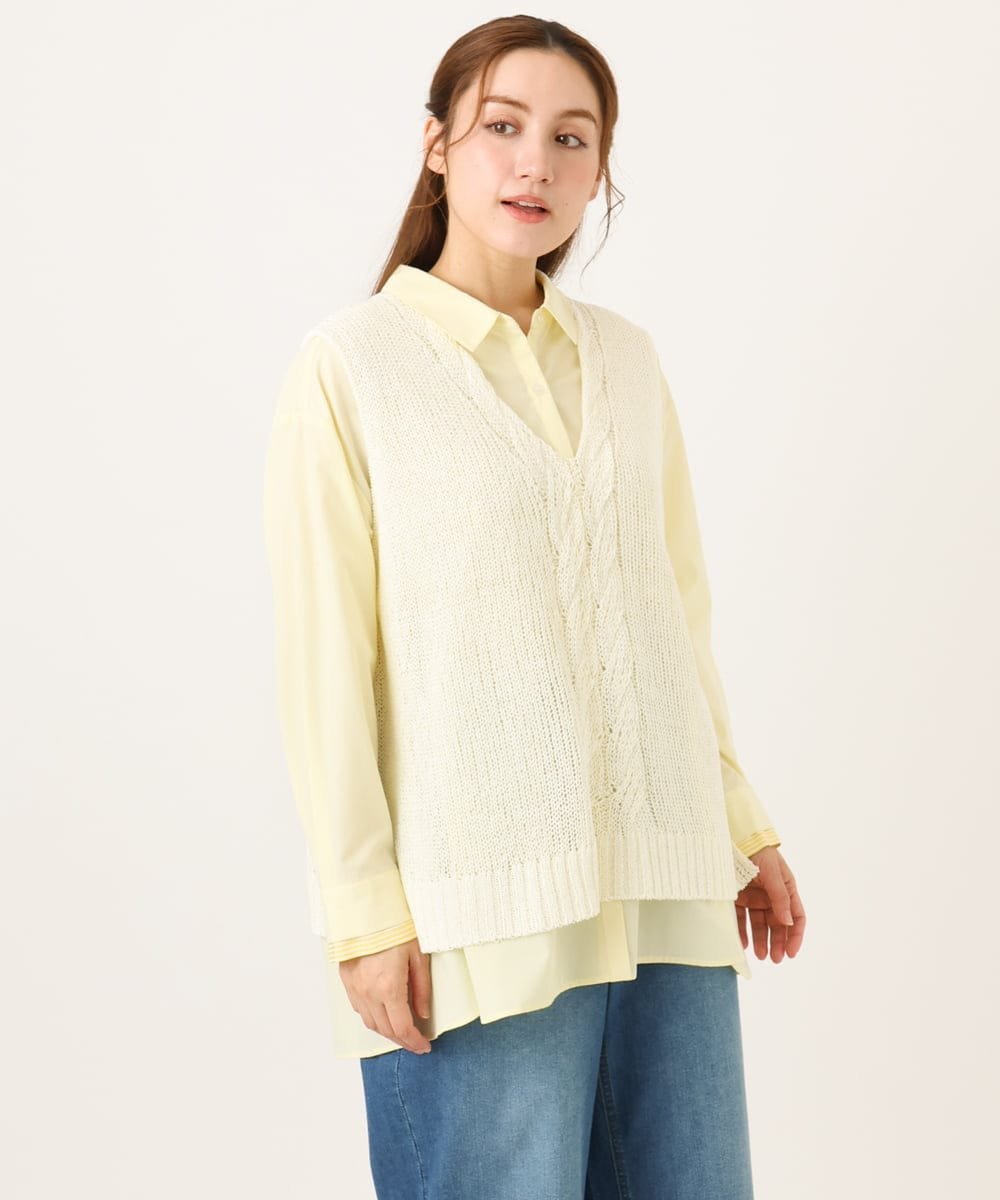 其它 - 【SALE／20%OFF】eur3 【大きいサイズ】レイヤード風ドロップショルダーシャツ エウルキューブ トップス シャツ・ブラウス イエロー ブルー【送料無料】