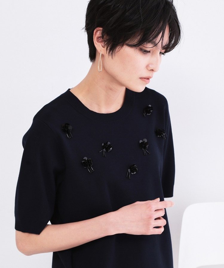 OPAQUE.CLIP ビジューモチーフニット【洗える】 オペークドットクリップ トップス ニット ホワイト ブルー ネイビー
