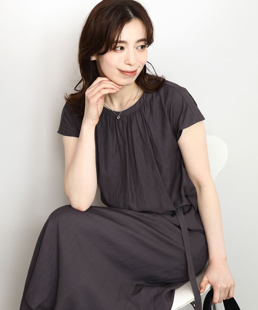 OFUON リネンライクウエスト切り替えワンピース/洗える/WEB限定 オフオン ワンピース・ドレス ワンピース ブラウン ブルー グレー