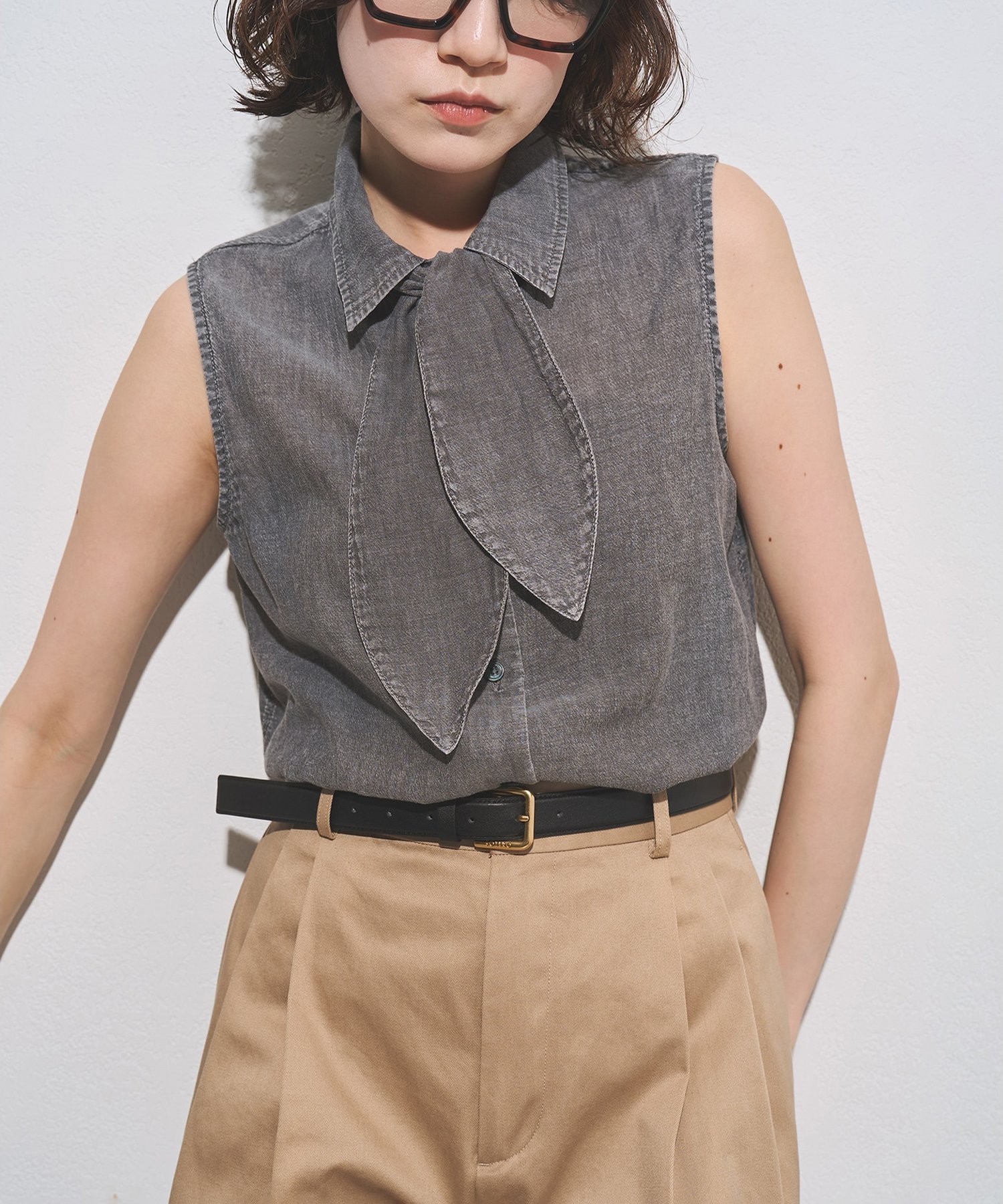 Whim Gazette デニムシフォンノースリーブブラウス ウィム ガゼット トップス シャツ・ブラウス