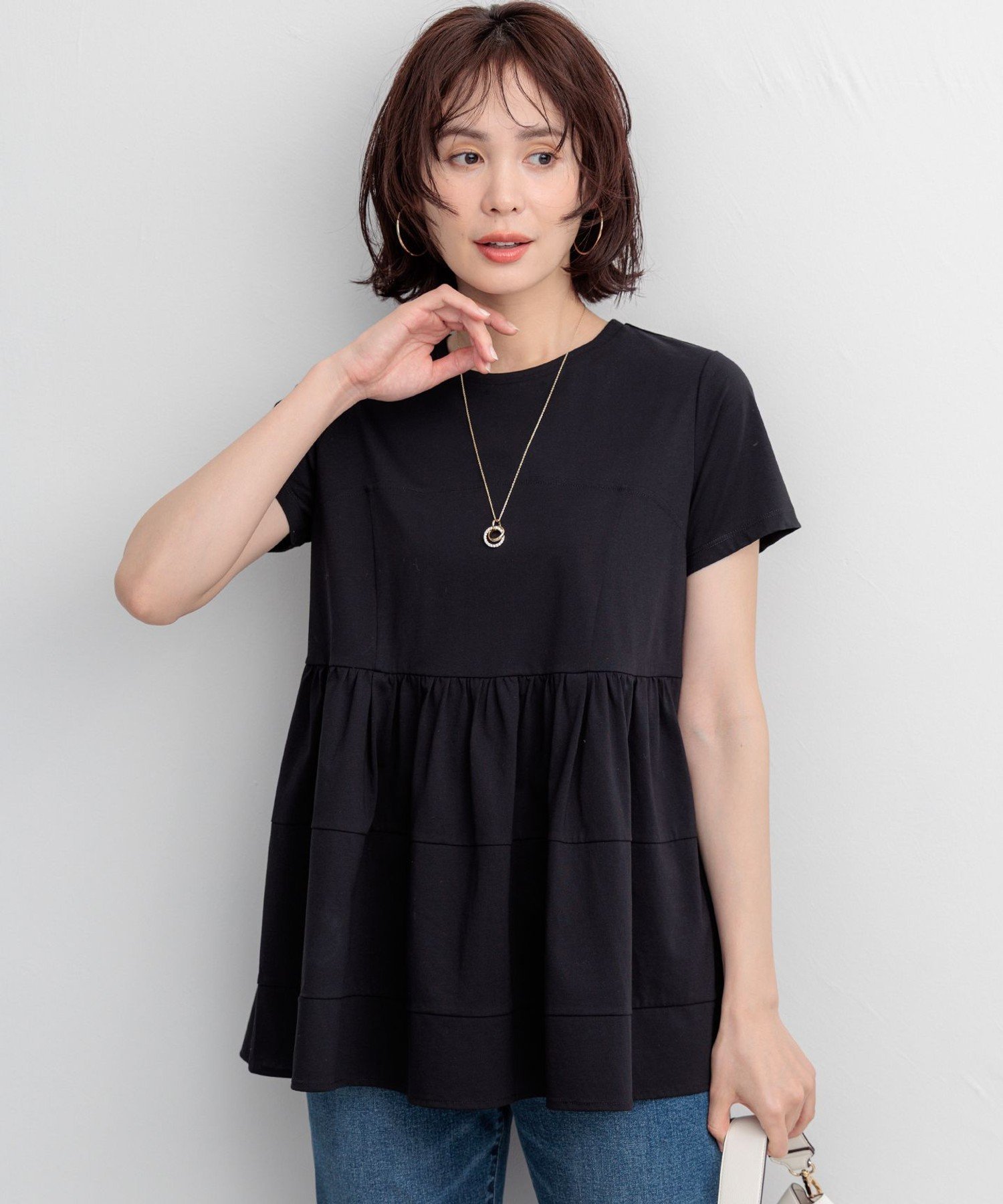 組曲 L 【WEB限定】プレーティング天竺ビスチェ風ティアード Tシャツ クミキョク トップス カットソー・Tシャツ ブラック ピンク