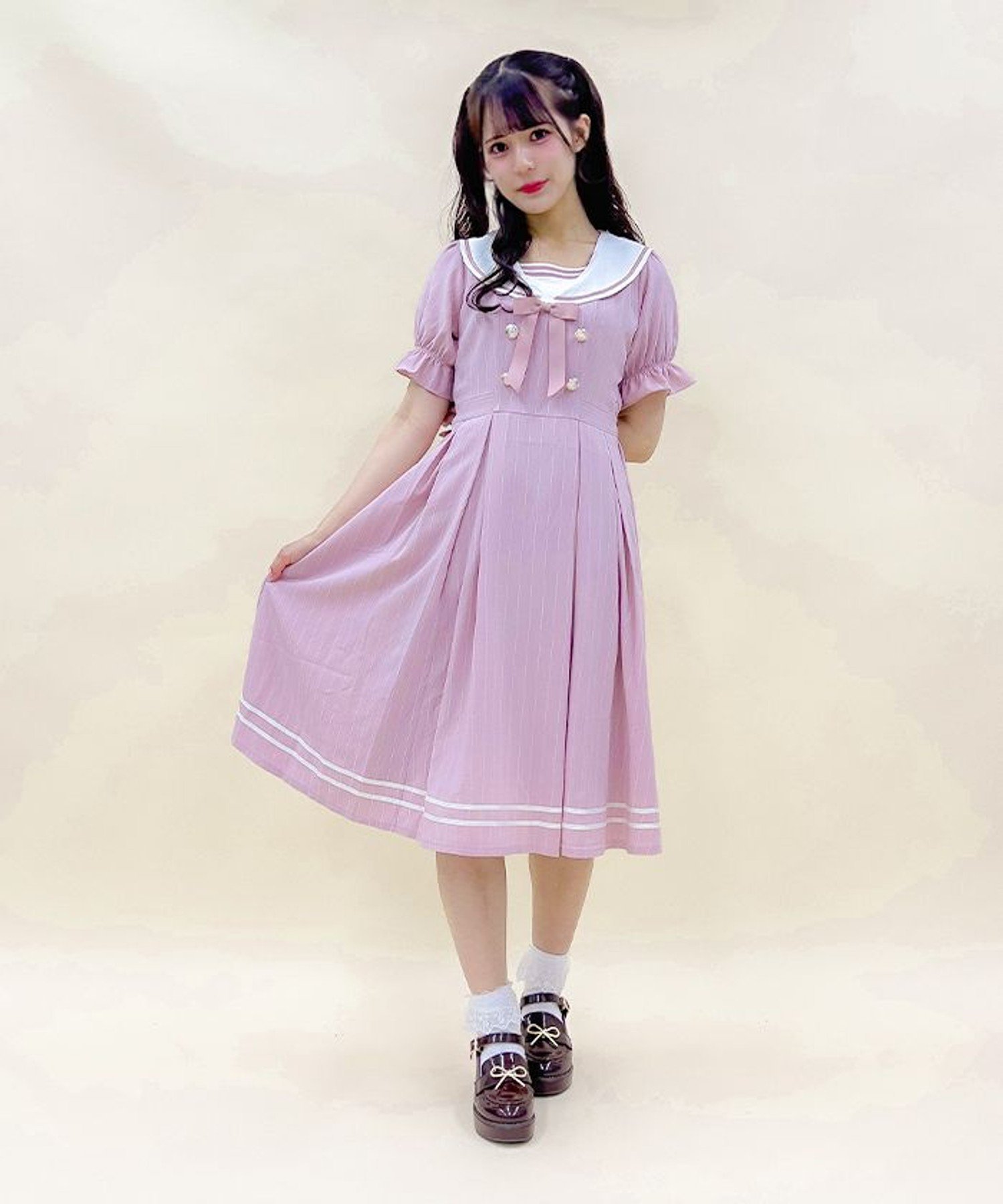 axes femme POETIQUE ストライプセーラーワンピース アクシーズファム ワンピース・ドレス ワンピース ピンク ブルー ネイビー【送料無料】のサムネイル