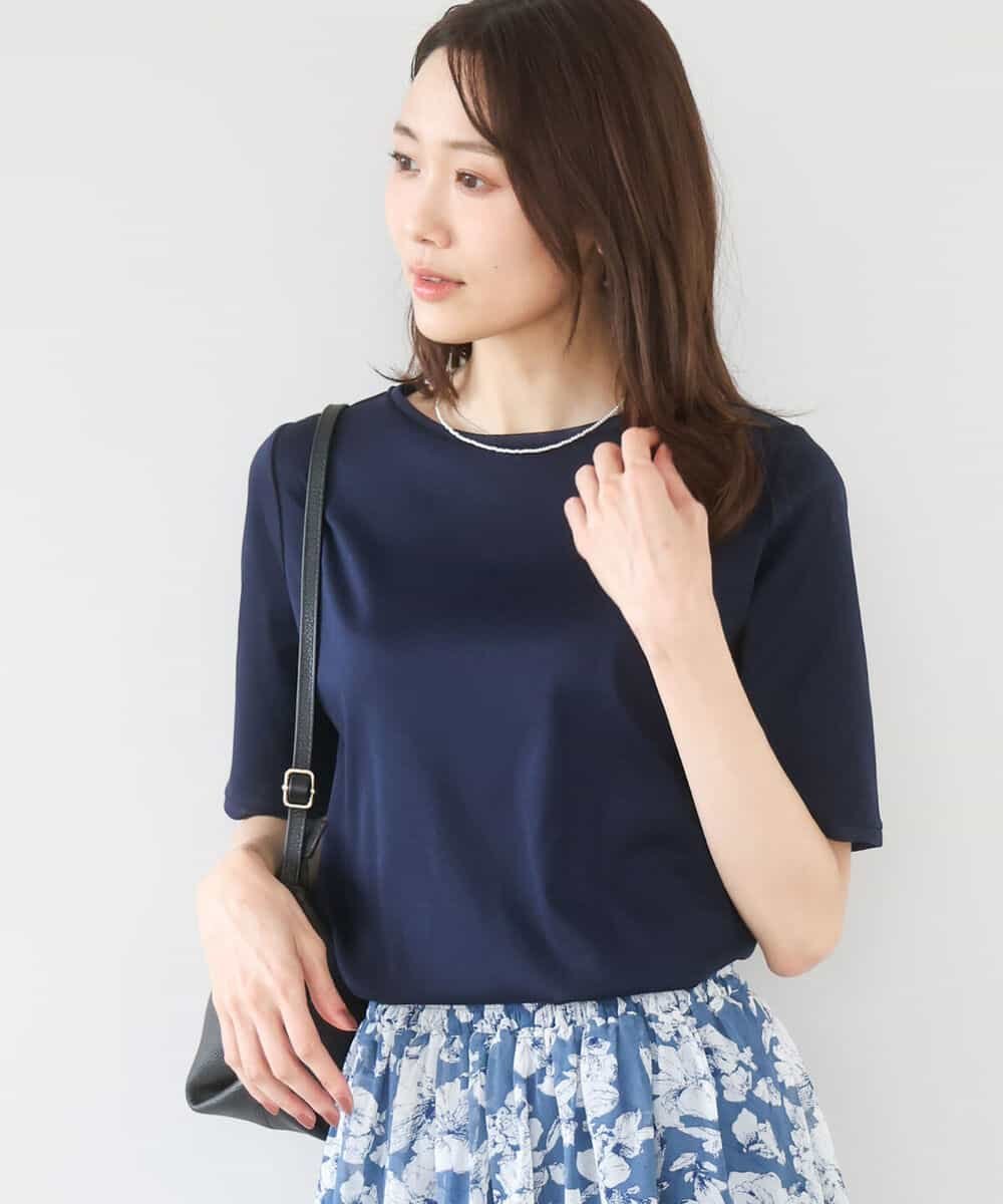 MK MICHEL KLEIN [洗える]シルケットフライス半袖カットソー エムケーミッシェルクラン トップス カットソー・Tシャツ ネイビー ホワイト