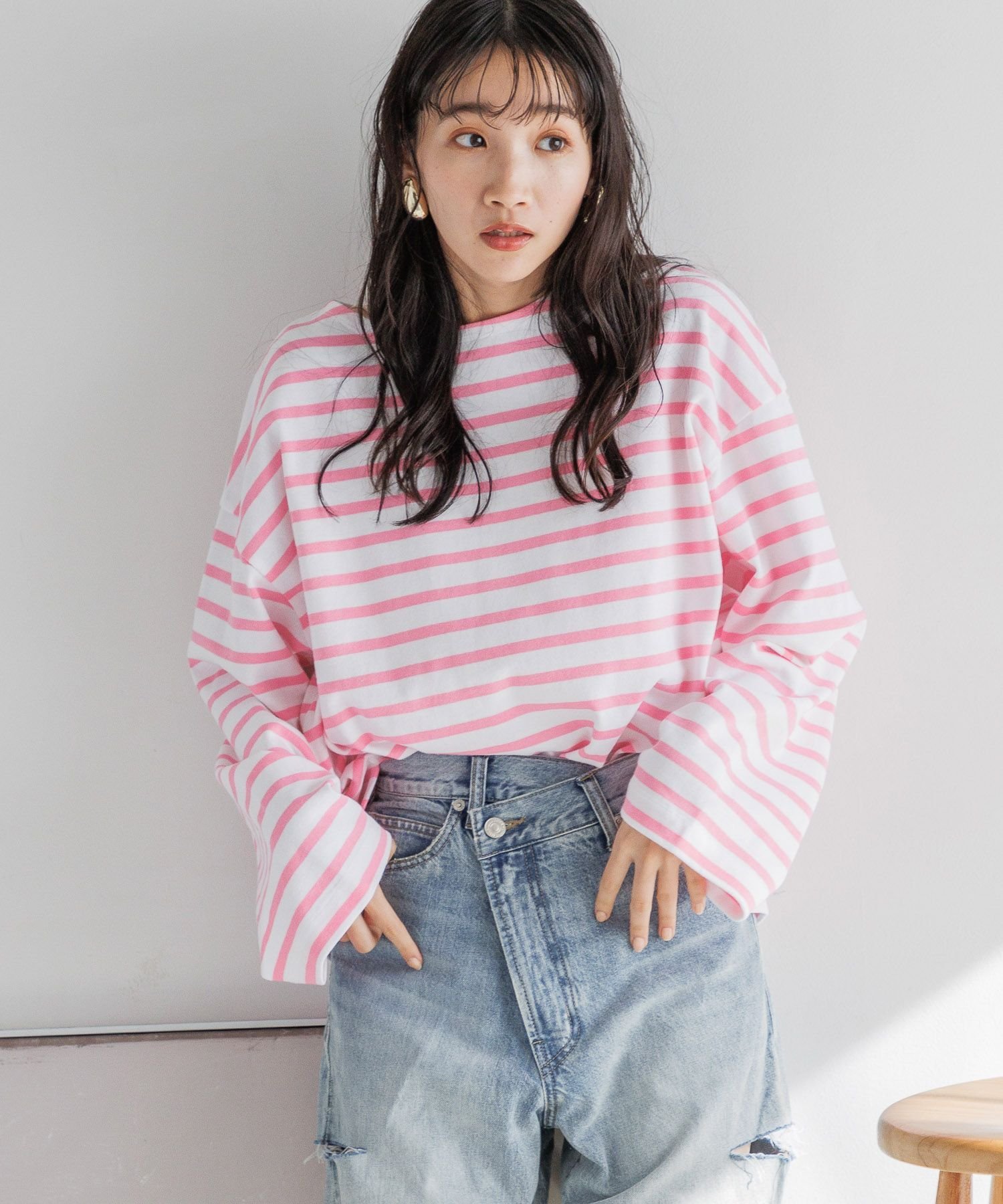 LOWRYS FARM USAボーダーロングスリーブ ローリーズファーム トップス カットソー・Tシャツ ピンク ブルー ネイビー【送料無料】のサムネイル