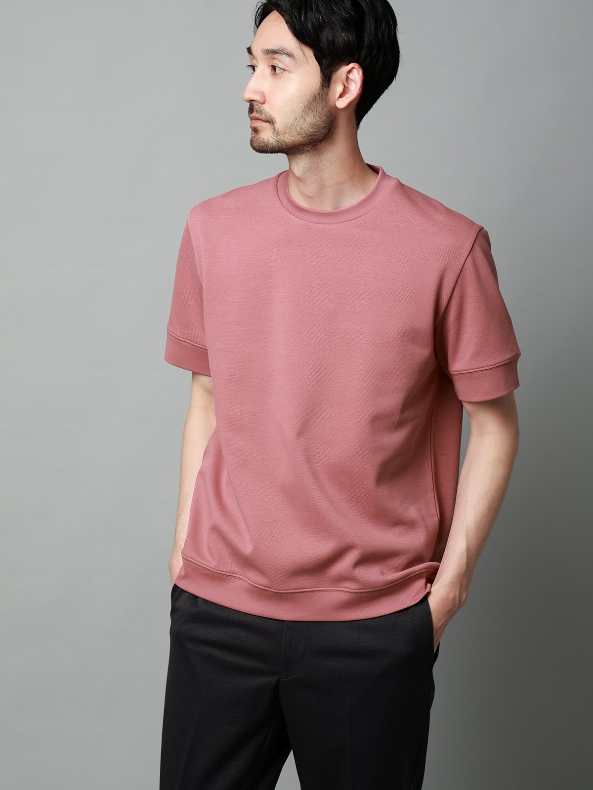 SUIT SQUARE Tシャツ 半袖 ウォッシャブル 吸水速乾 UVカット プレーティング鹿の子 無地 スーツ スクエア トップス カットソー・Tシャツ ピンク
