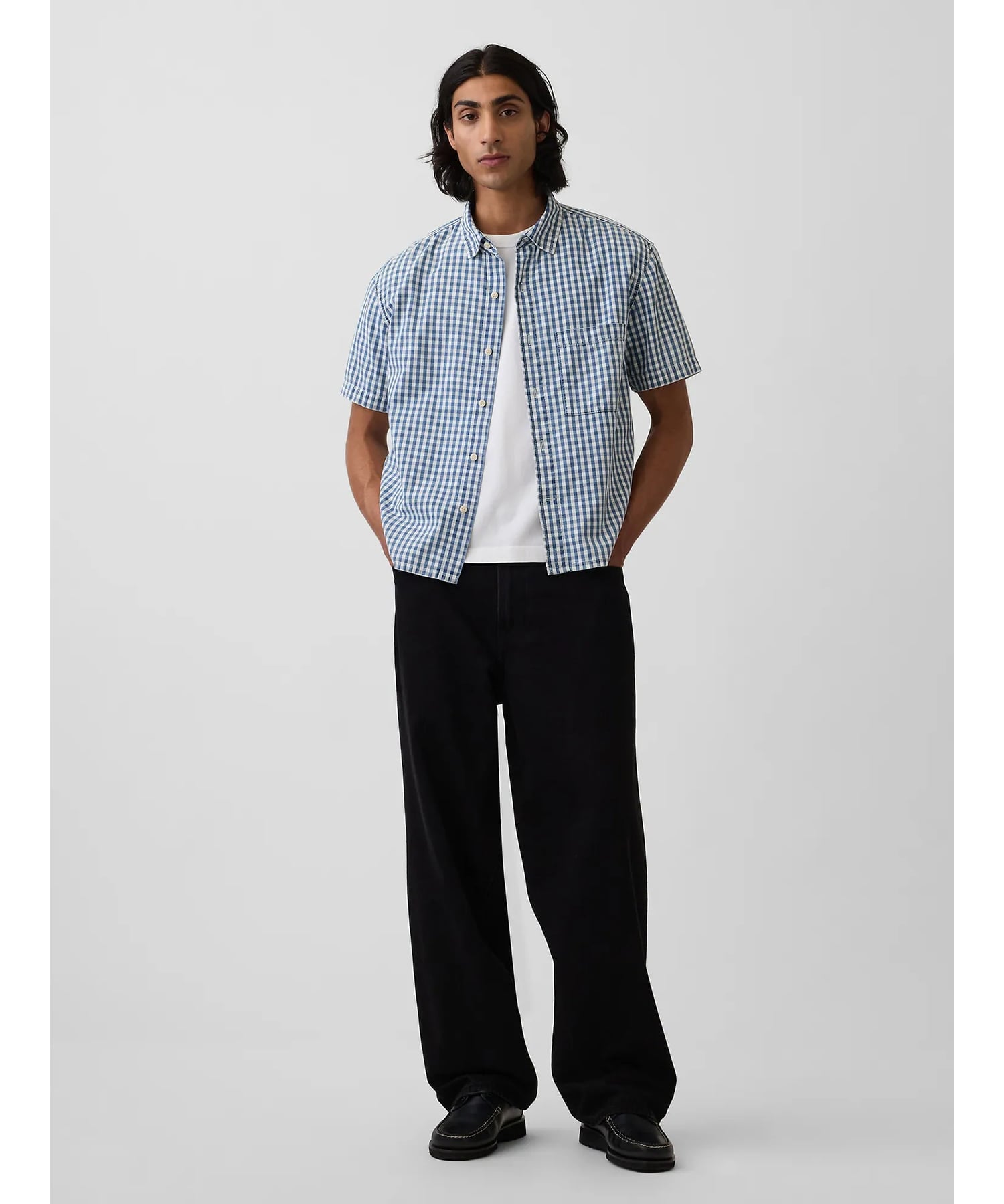 GAP (U)ギンガムチェック デニム リラックスフィット ストレートヘムシャツ ギャップ トップス シャツ・ブラウス ブルー【送料無料】