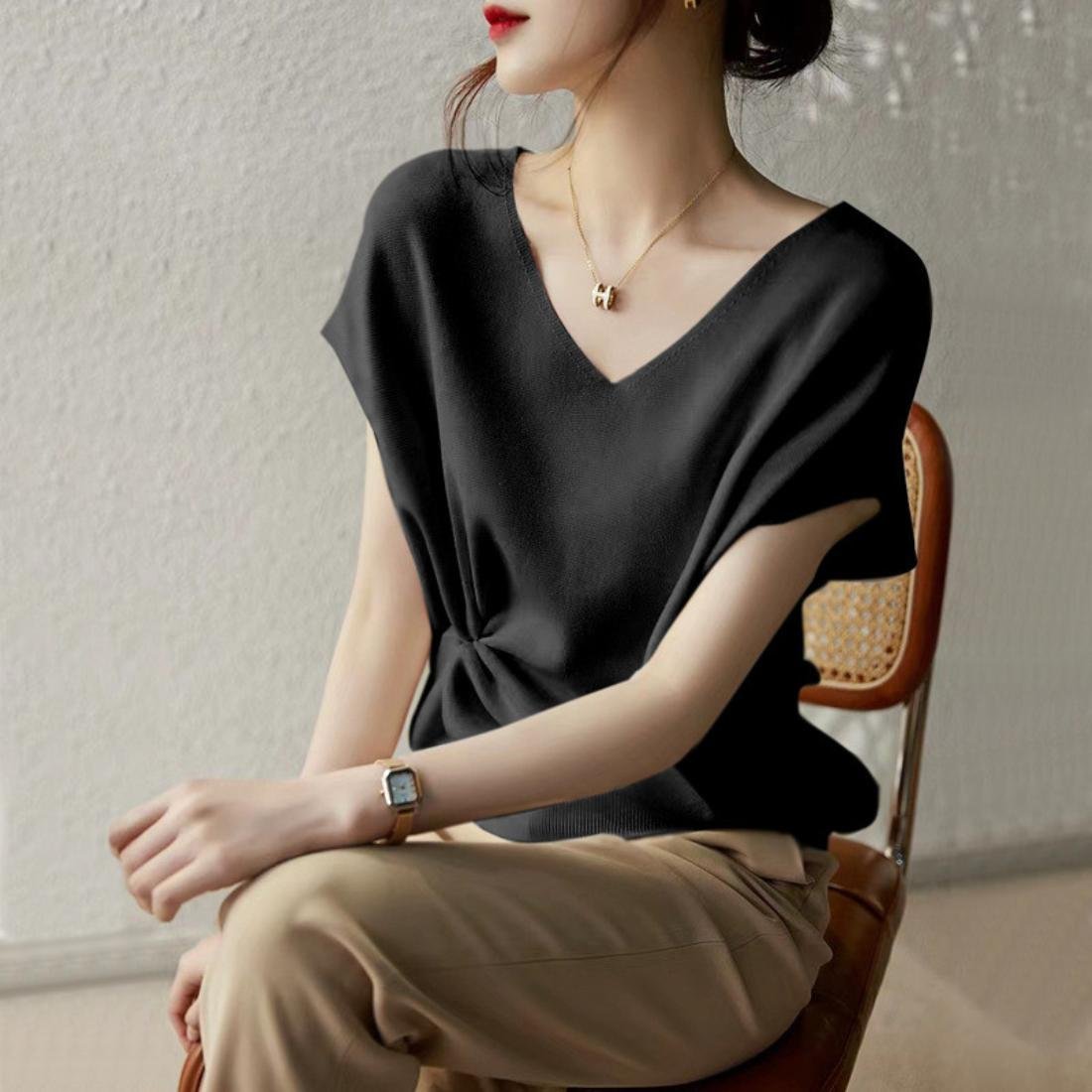 【SALE／7%OFF】maison de LATIR 《7色展開》上品見えVネックフレンチスリーブサマーニット メゾンドラティール トップス ニット ブルー ネイビー グリーン ブラック ホワイト パープル【送料無料】