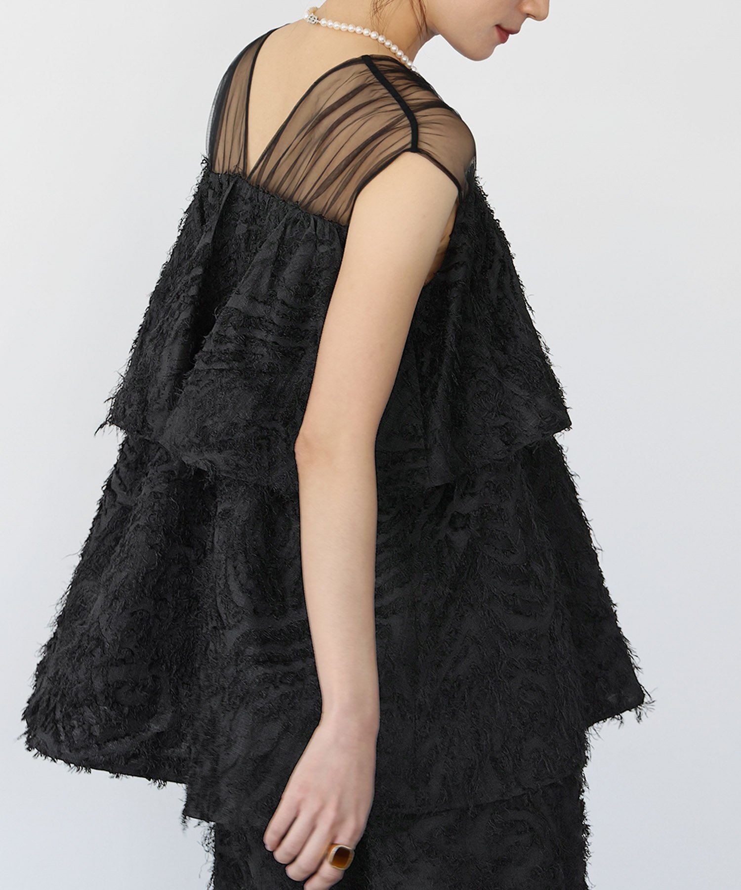 ELFRANK フリンジジャガードティアードチュニックブラウス ガール トップス シャツ・ブラウス ブラック..