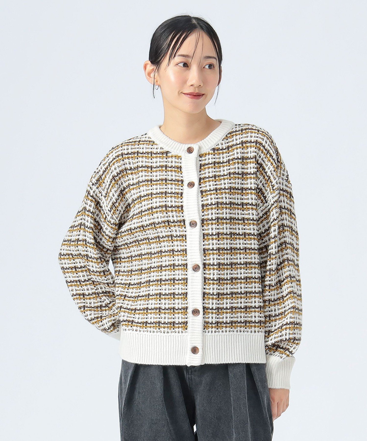 BEAMS HEART WOMEN チェック ジャカード クルー カーディガン ビームス ハート トップス カーディガン ブラック ブラウン【送料無料】