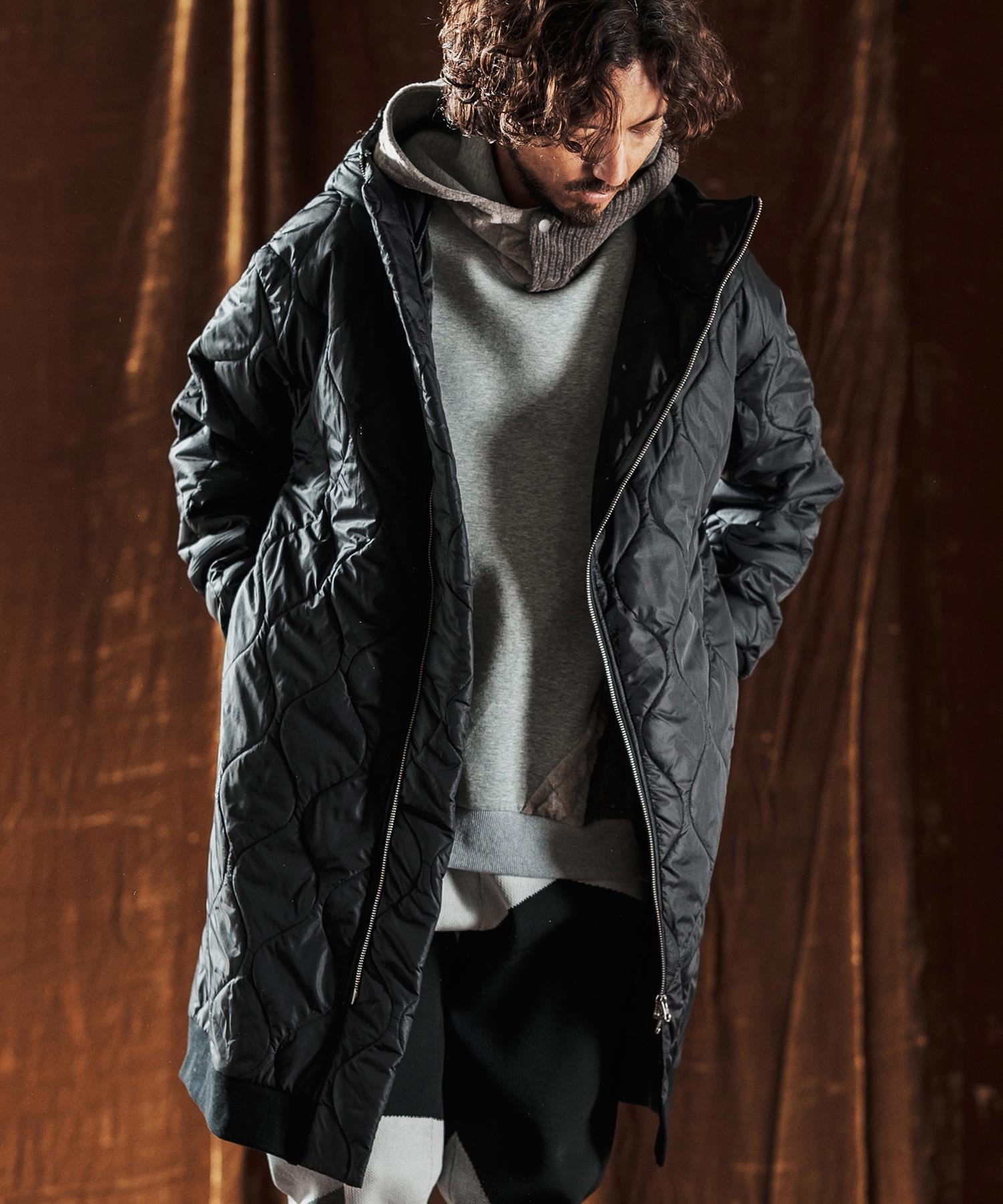 ANGENEHM mj10979-Wave Quilted Zip Hooded Coat フーディーコート カンビオ ジャケット・アウター その他のジャケット・アウター パープル ブラック【送料無料】
