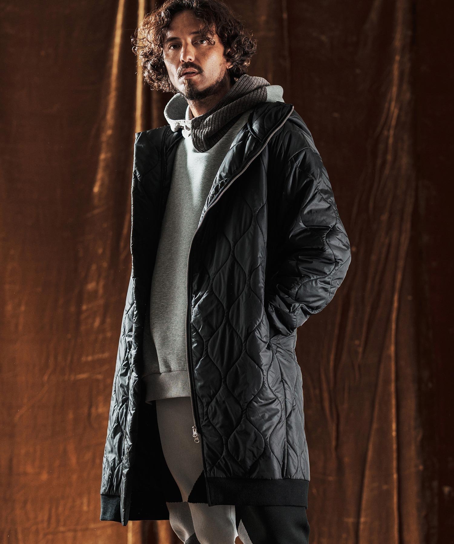 ANGENEHM mj10979-Wave Quilted Zip Hooded Coat フーディーコート カンビオ ジャケット・アウター その他のジャケット・アウター パープル ブラック【送料無料】