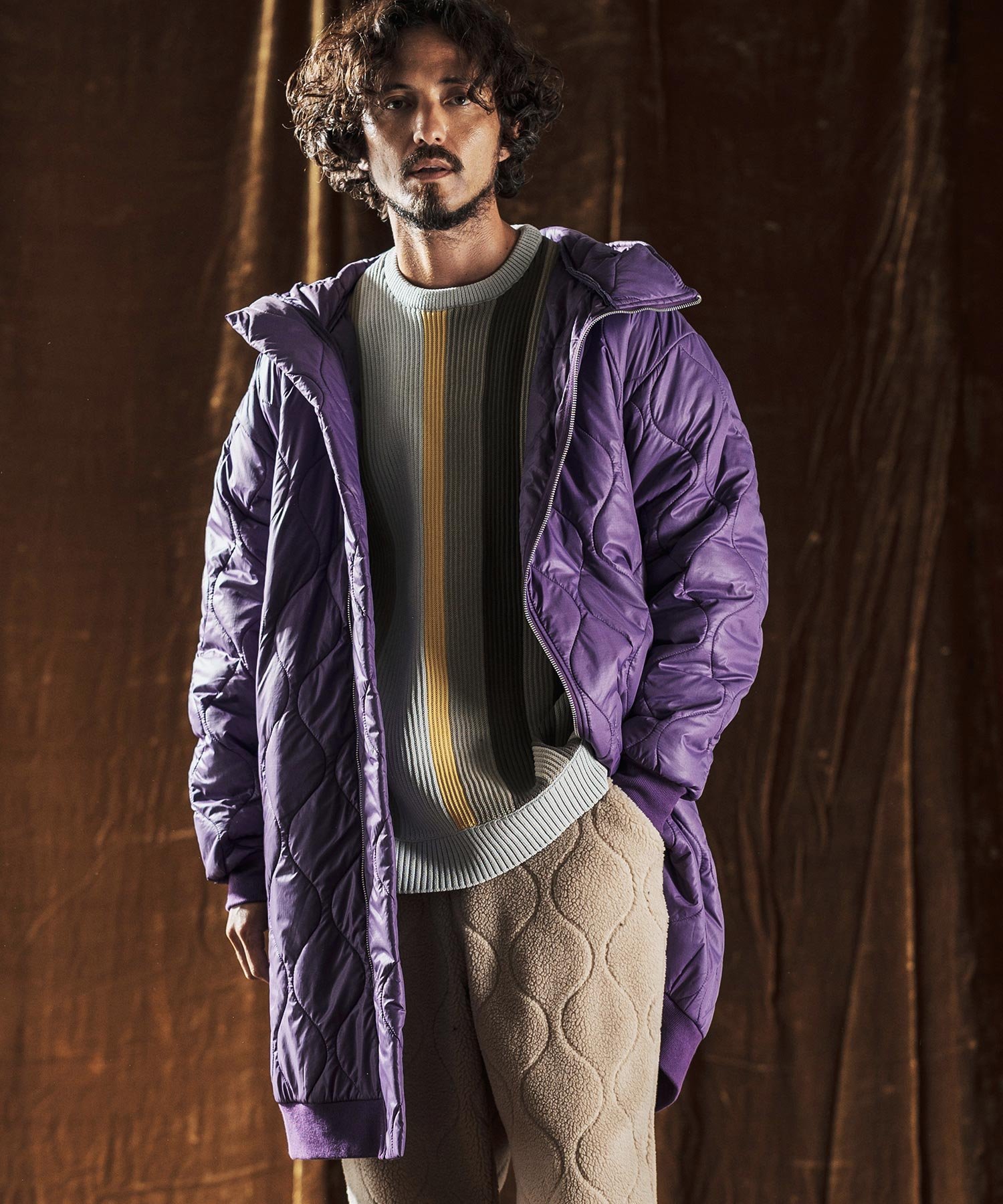 ANGENEHM mj10979-Wave Quilted Zip Hooded Coat フーディーコート カンビオ ジャケット・アウター その他のジャケット・アウター パープル ブラック【送料無料】