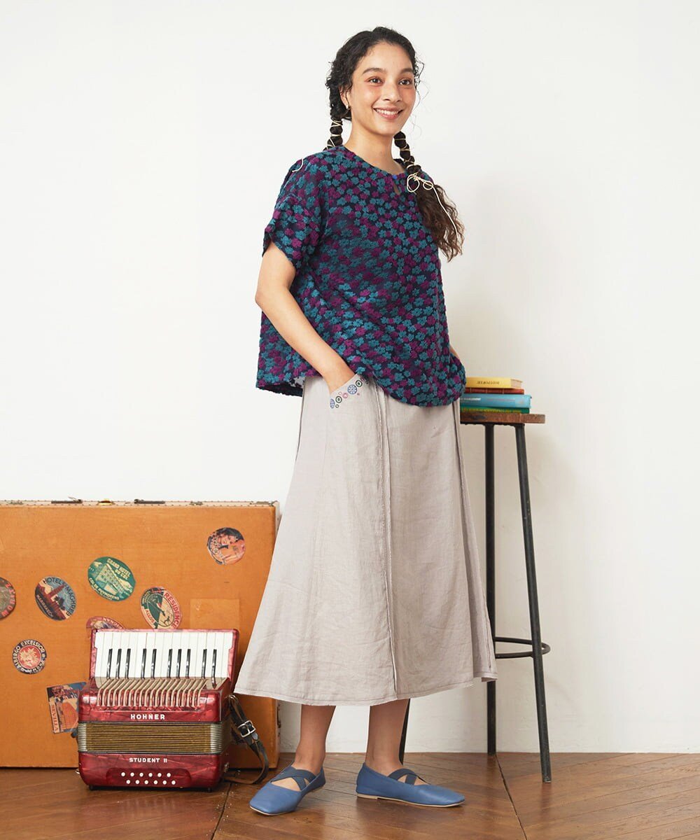 Jocomomola Livia de flores フラワージャカードカットソー ホコモモラ トップス カットソー・Tシャツ ホワイト ネイビー