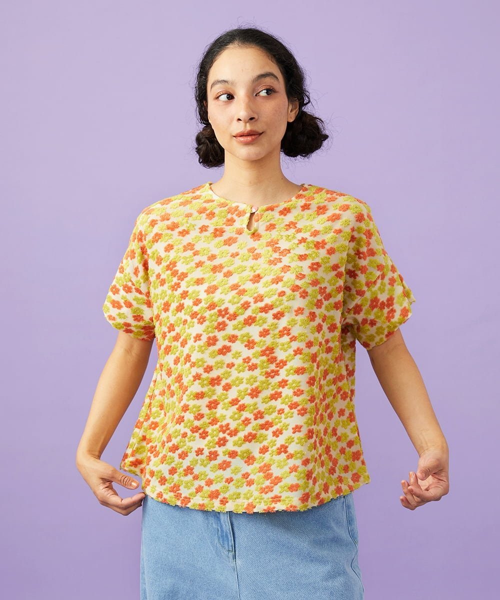 Jocomomola Livia de flores フラワージャカードカットソー ホコモモラ トップス カットソー・Tシャツ ホワイト ネイビー