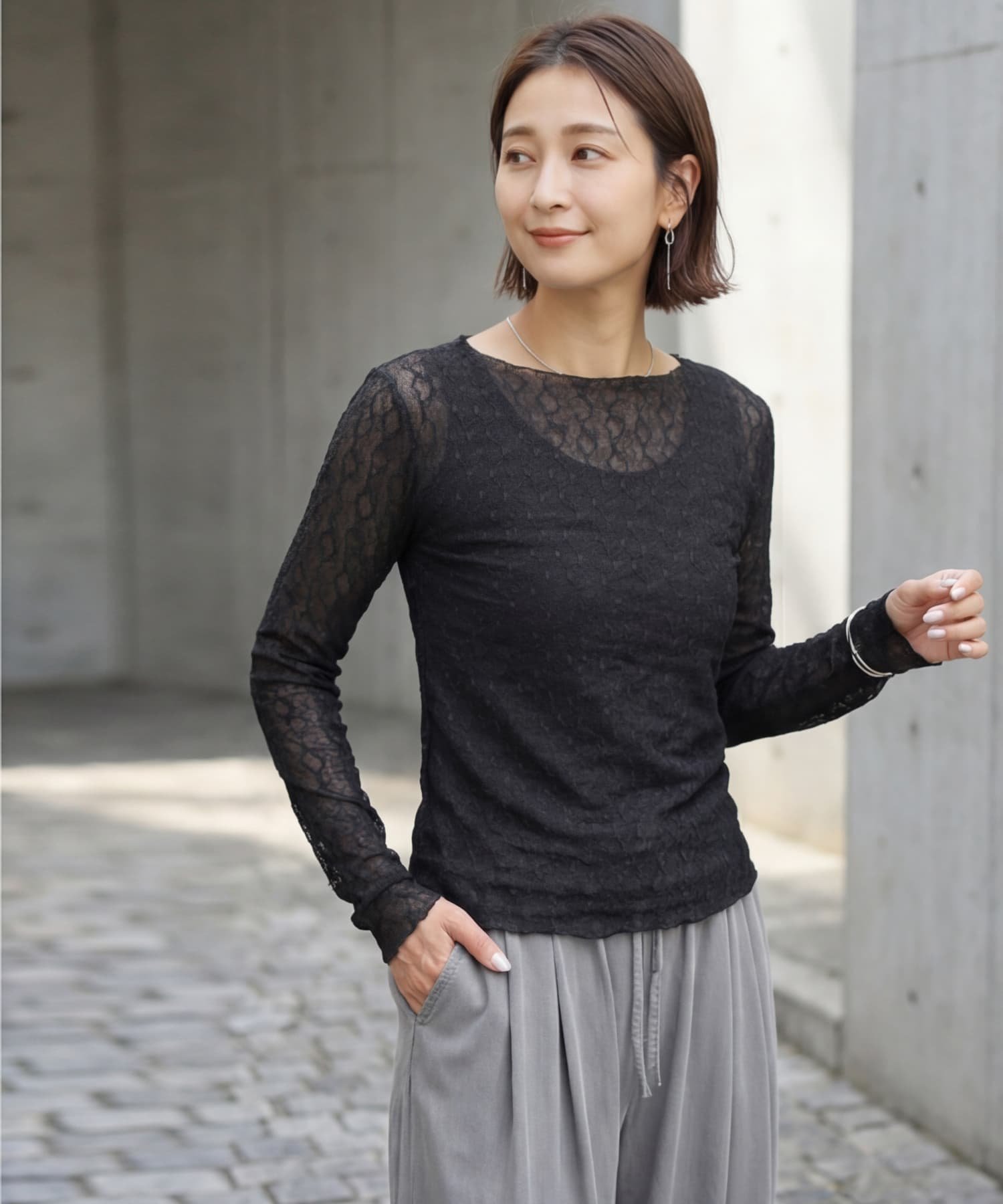 STYLE DELI ストレッチドットレーストップス スタイルデリ トップス カットソー・Tシャツ ホワイト ブラック
