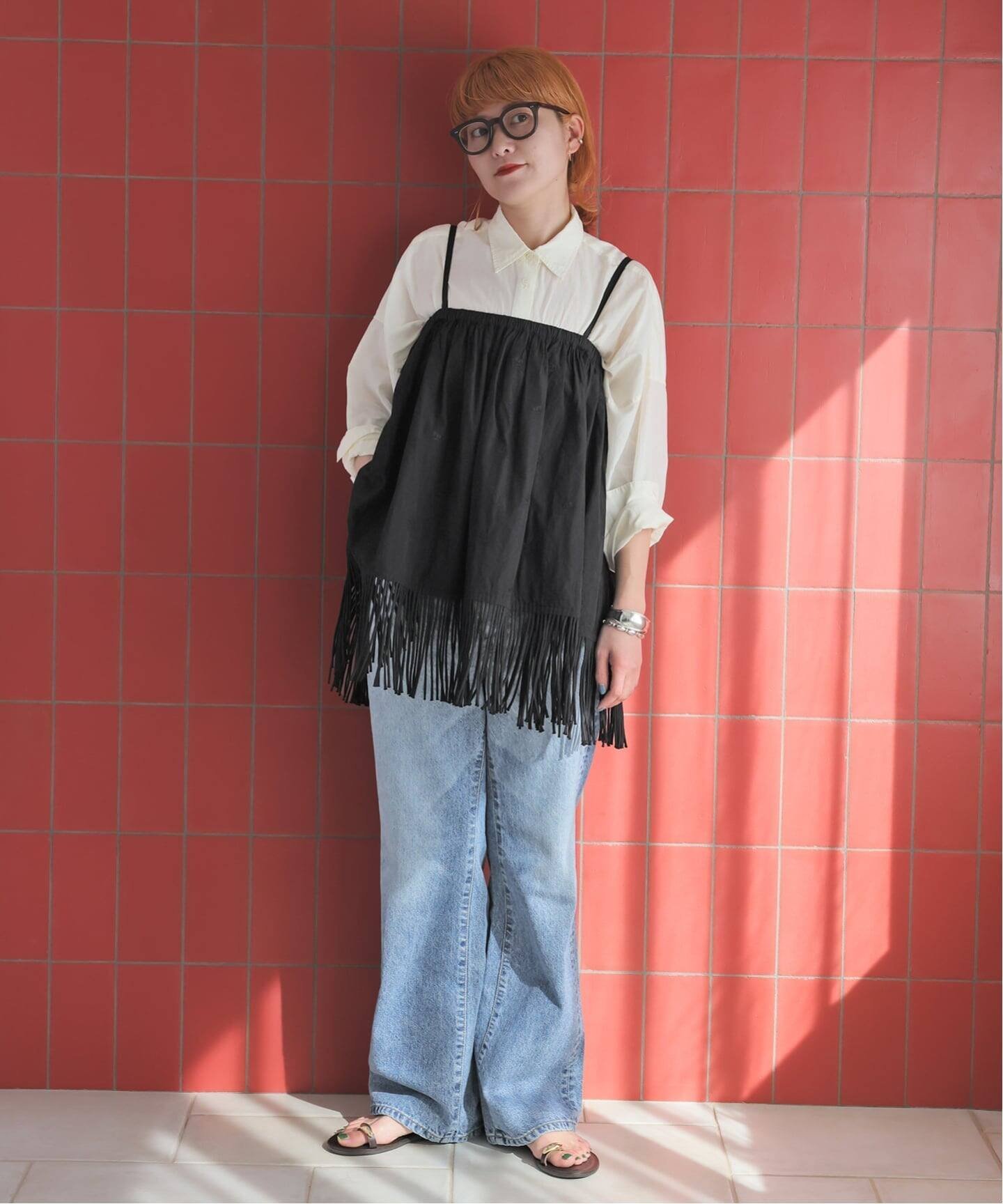 Spick & Span crinkle crinkle crinkle 別注フリンジキャミ* スピックアンドスパン トップス キャミソール ブラウン ブラック【送料無料】