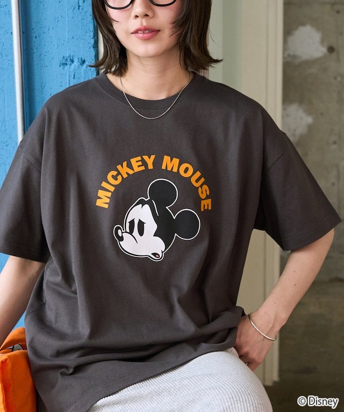 限定展開 別注/Mickey Mouse/ミッキーマウス/フロッキープリントアーチ半袖Tシャツ フリークスストア トップス カットソー・Tシャツ ブラック ベージュ ブルー ブラウン ホワイト