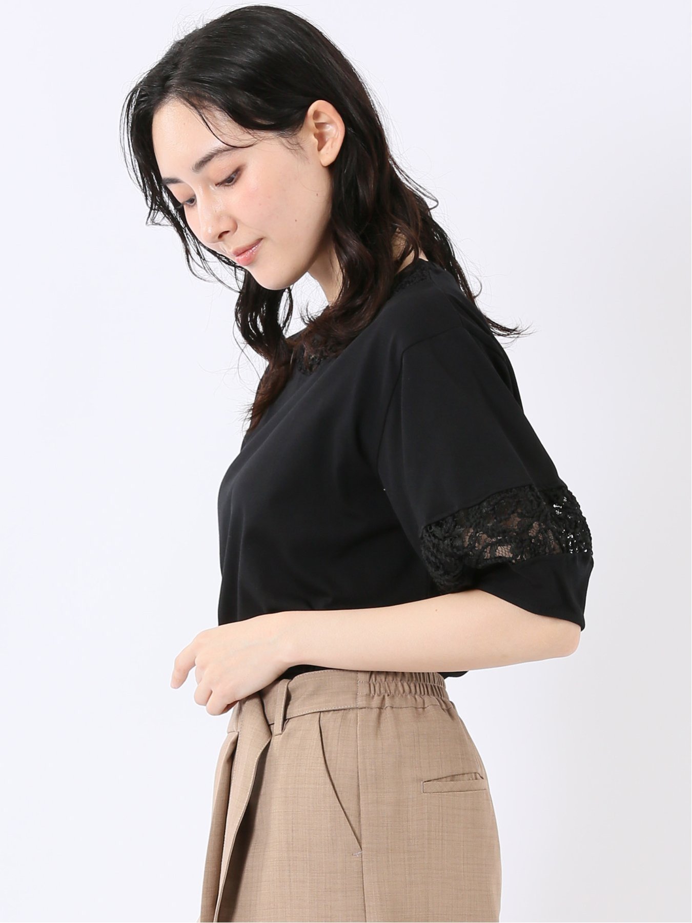 m.f.editorial レース切替 クルーネック 半袖プルオーバー タカキュー トップス カットソー・Tシャツ ホワイト