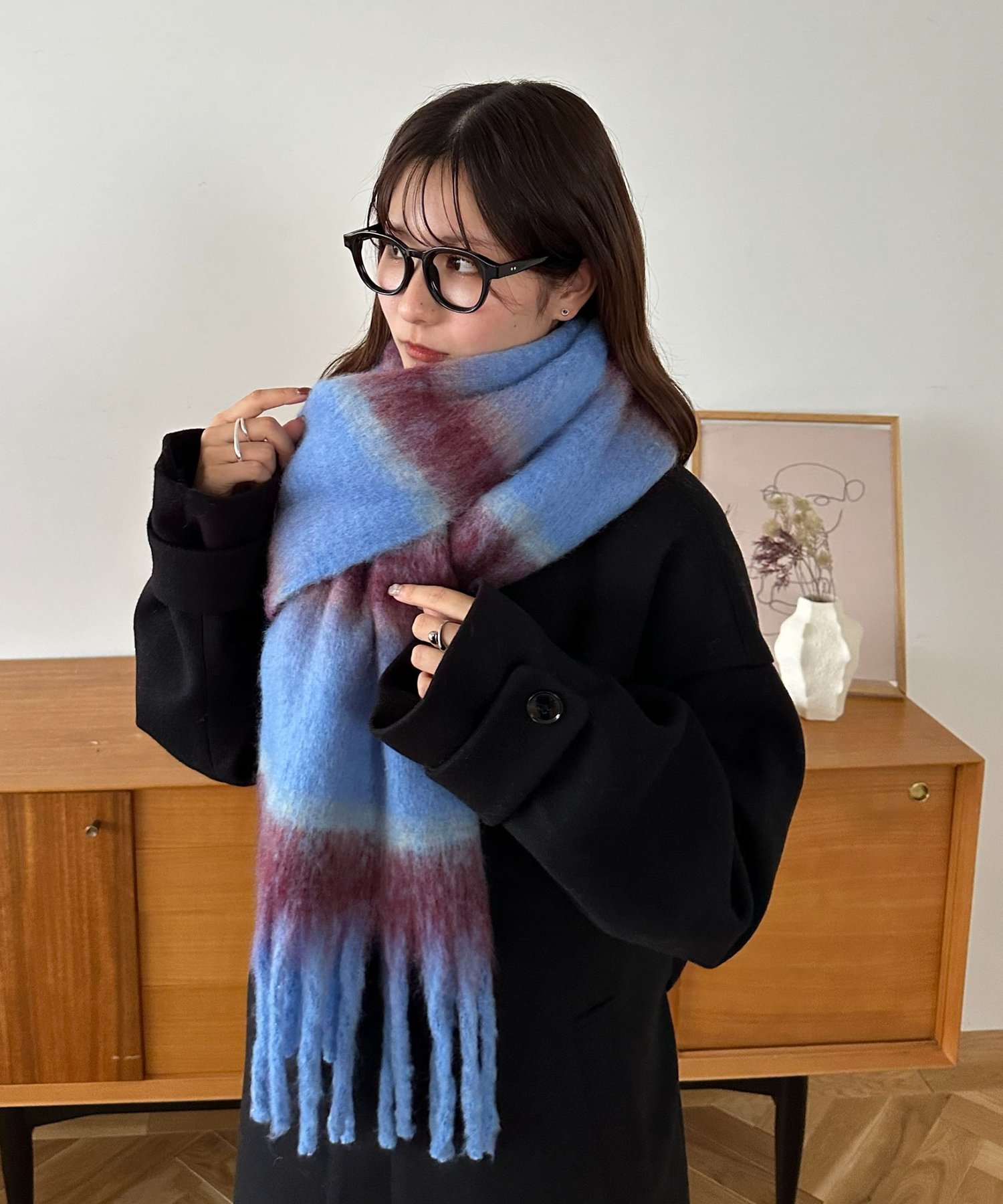 Discoat 太フリンジボーダーストール ディスコート ファッション雑貨 マフラー・ストール・ネックウォーマー ホワイト オレンジ グリーン ブルー【送料無料...