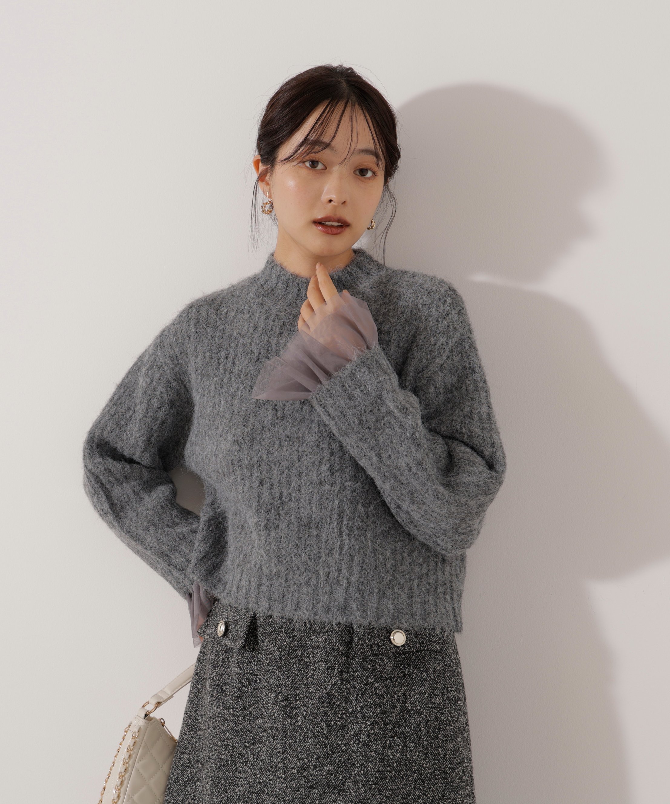 PROPORTION BODY DRESSING ＜ウォッシャブル＞チュールスリーブボックスニット プロポーションボディドレッシング トップス ニット ベージュ グレー ピンク