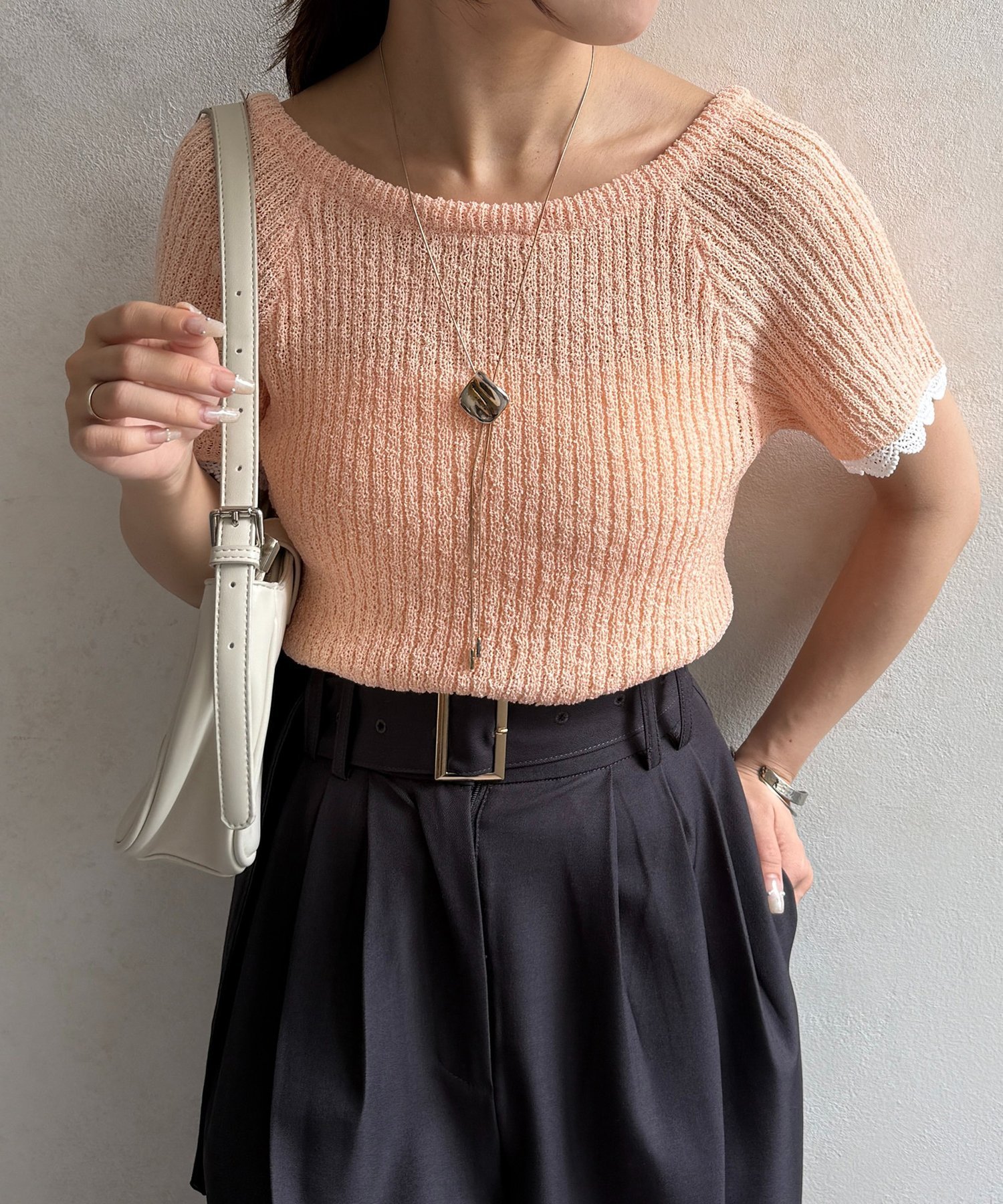 Thevon. 袖レース付き2WAYリボンニット ゼヴォン トップス ニット ベージュ オレンジ ホワイト