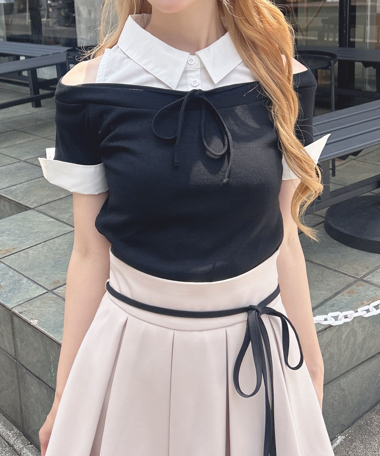 INGNI 【WEB限定】シャツドッキングオフショルリブトップス イング トップス その他のトップス ブラック ピンク