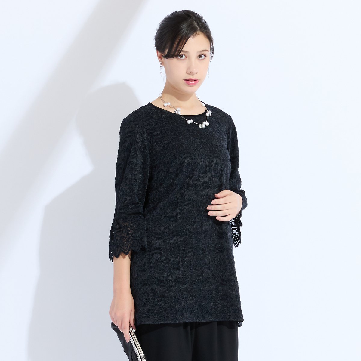 Liliane Burty 【M~4L】イタリア製素材チュールベロアチュニック リリアンビューティ トップス シャツ・ブラウス ブラック レッド