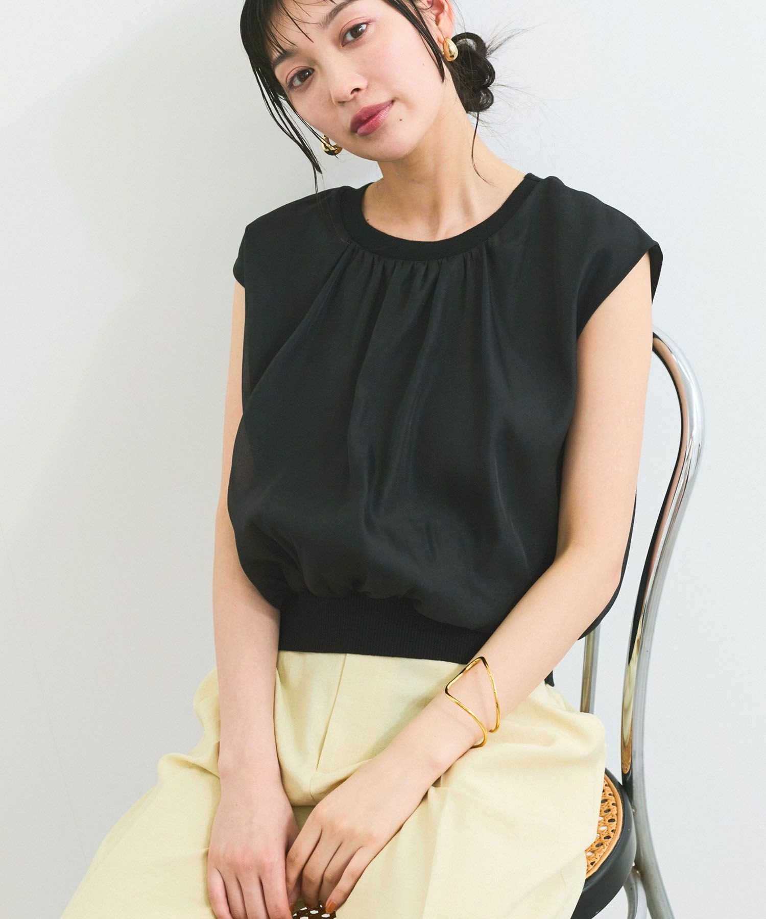 VIS 【接触冷感】楊柳シアードッキングカットプルオーバー ビス トップス カットソー・Tシャツ ベージュ ブラック
