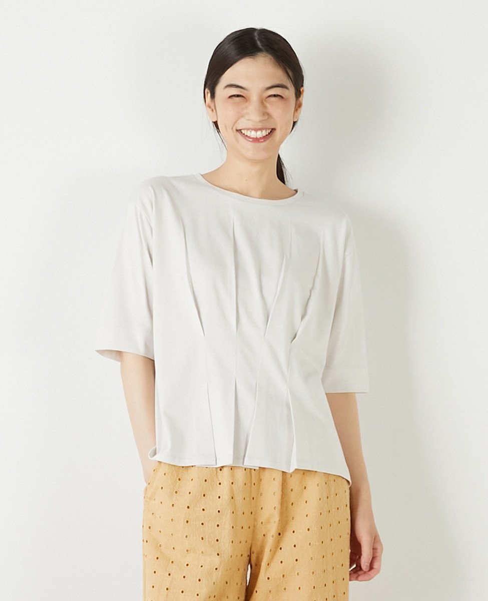 MELROSE CLAIRE 【接触冷感加工ウエストタックデザインカットプル】 メルローズクレール トップス カットソー・Tシャツ ネイビー イエロー【送料無料】