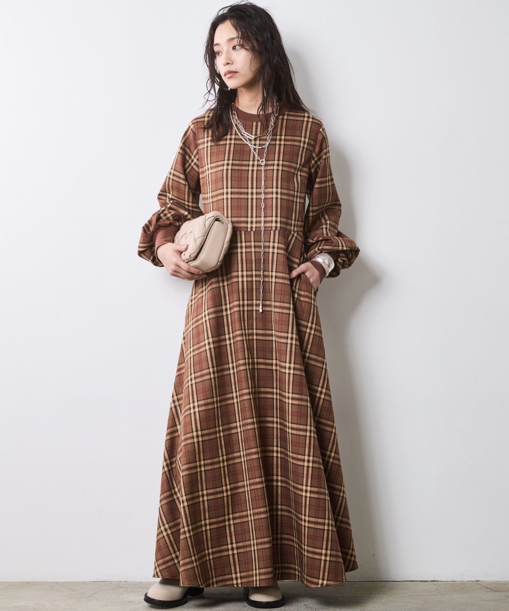 CHIC STYLE チェックパフスリーブロングワンピース＜大きいサイズ有＞シックスタイル シックスタイル ワンピース・ドレス ワンピース グレー ブラウン【送料無料】