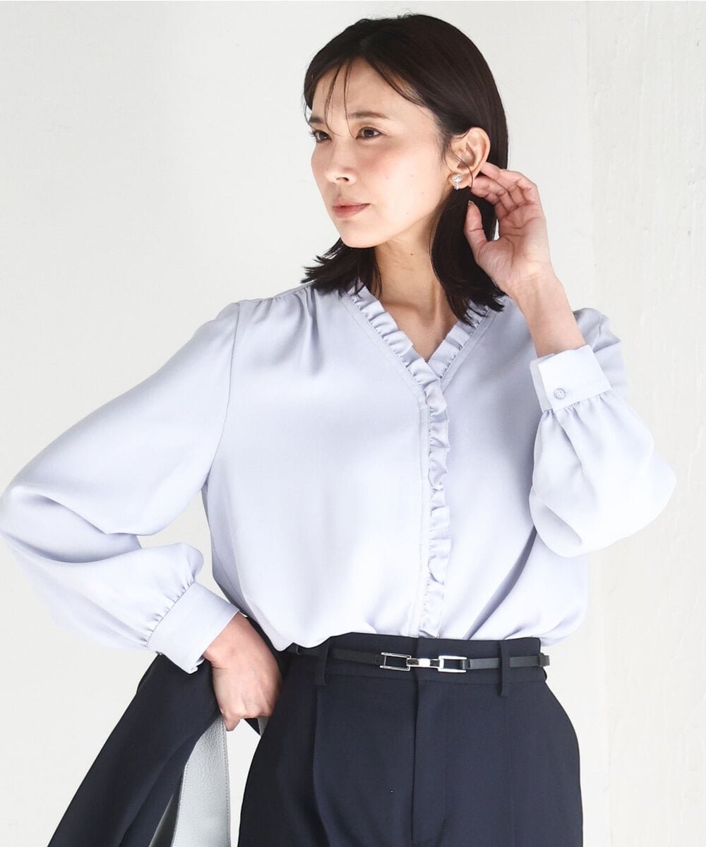 MK MICHEL KLEIN [洗える]Vネックミニフリルブラウス エムケーミッシェルクラン トップス シャツ・ブラウス ホワイト【送料無料】