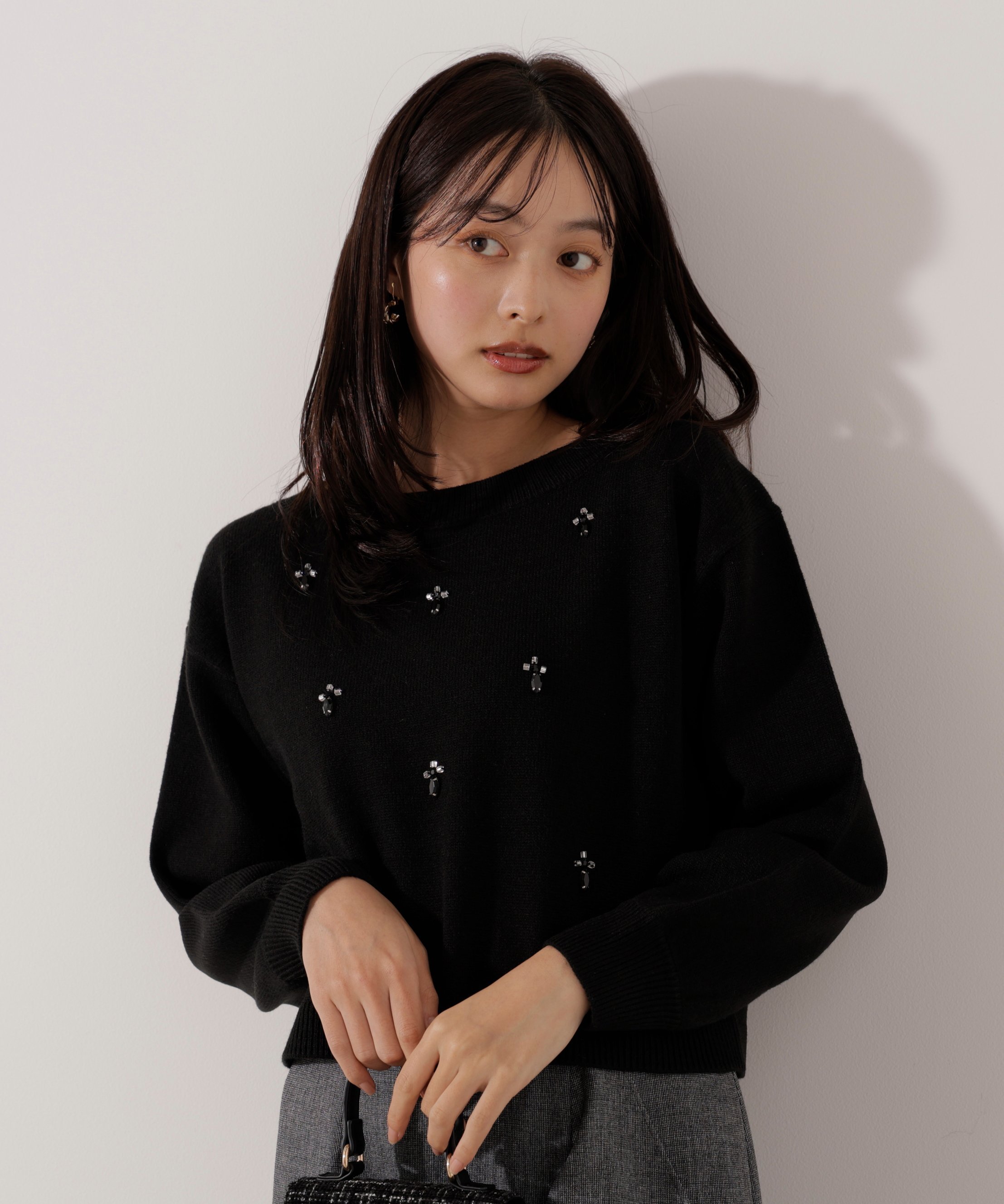 PROPORTION BODY DRESSING ビジュー付きボックスニット プロポーションボディドレッシング トップス ニット ブラック グレー