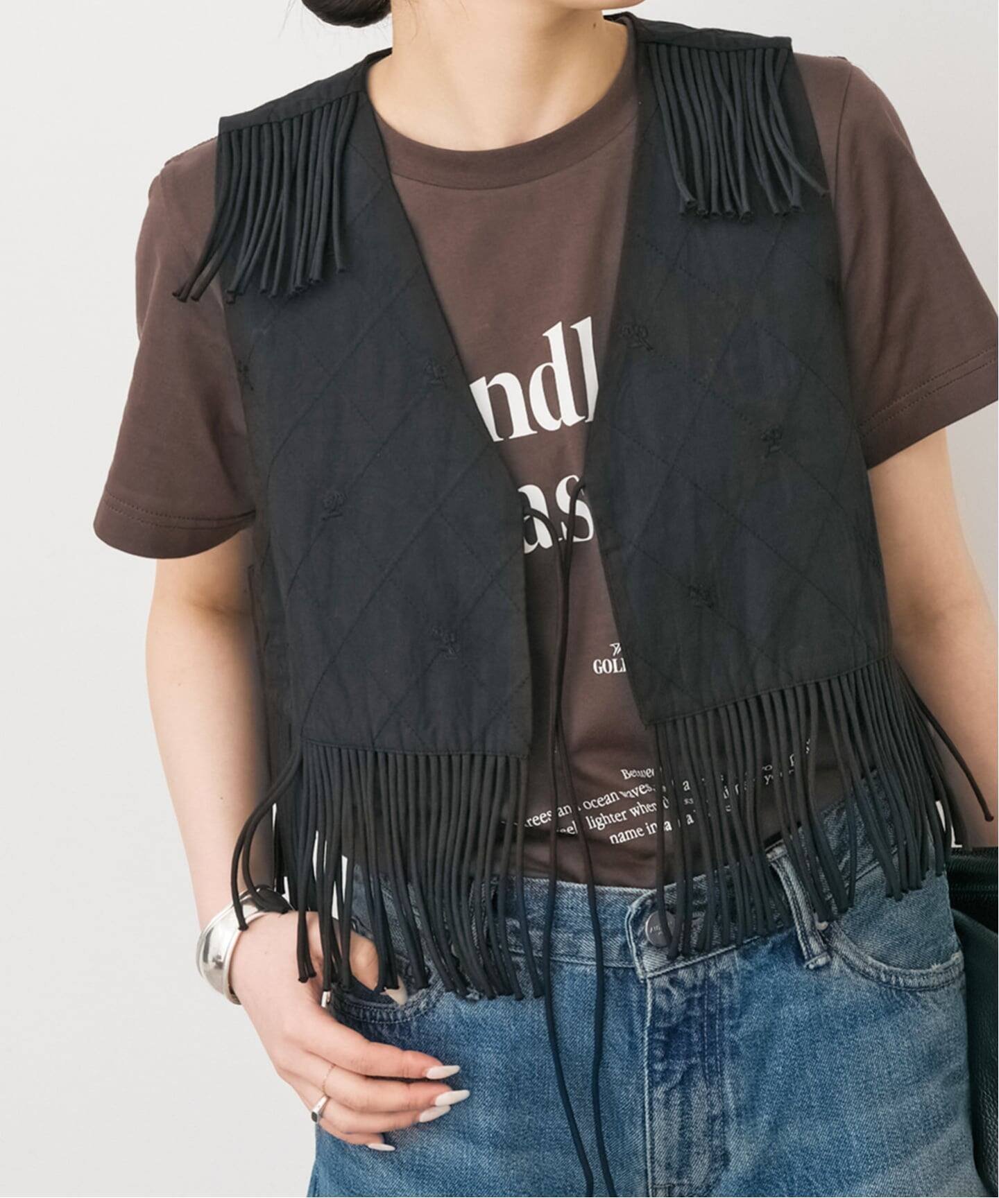 Spick & Span crinkle crinkle crinkle 別注フリンジベスト* スピックアンドスパン ジャケット・アウター その他のジャケット・アウター ブラウン ブラック【送料無料】