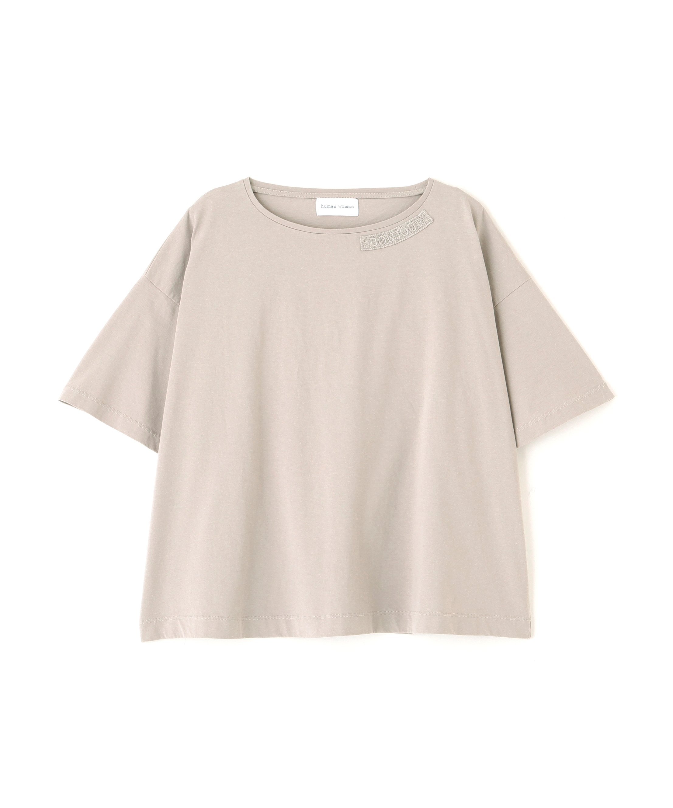 human woman 《洗える》Bonjour刺繍モチーフTシャツ ヒューマン ウーマン トップス カットソー・Tシャツ グレー ホワイト