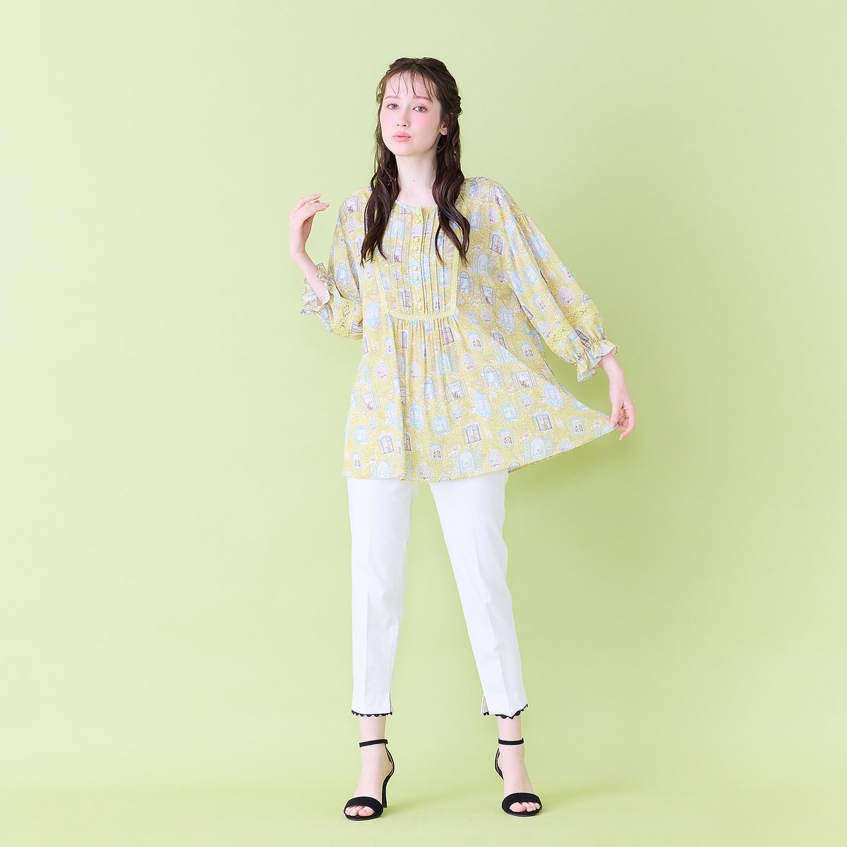 Jolly Poupee 【22fabric】ルームメイトPT/ヨーク切替チュニック ローズティアラ トップス シャツ・ブラウス グリーン イエロー