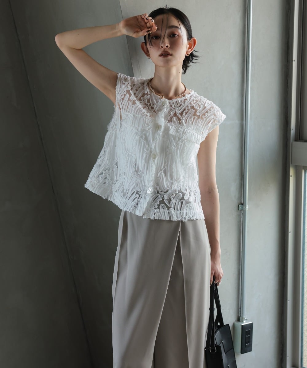 Callarus 【セットアップ】コード刺繍フレンチスリーブブラウス+ラップパンツ カラルス パンツ その他のパンツ ブラウン ホワイト