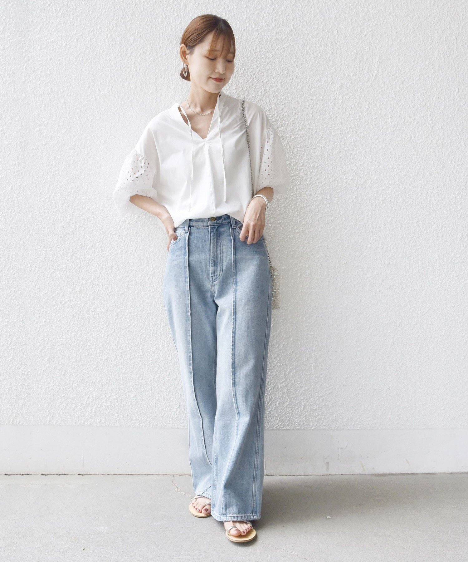 WOMEN ＜手洗い可能＞カットワーク レース スリーブ ブラウス シップス トップス シャツ・ブラウス ホワイト ブラック