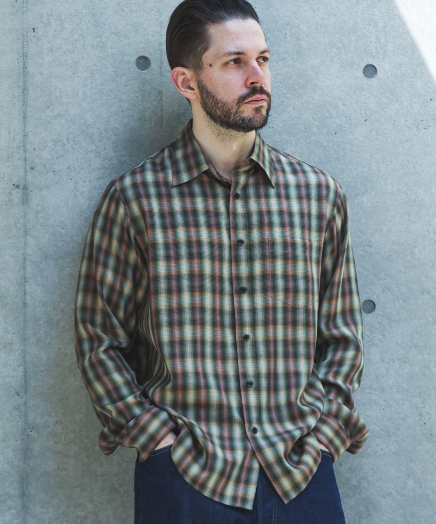 MR.OLIVE SILKY TENCEL CHECK /REGULAR COLLAR SHIRT ミスターオリーブ トップス シャツ・ブラウス ブラウン グリーン