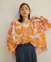 ROPE' 【DEVEAUX(デヴォー)】別注ボカシフラワーボリュームスリーブブラウス/洗える ロペ トップス シャツ・ブラウス オレンジ ブラウン【送料無料】