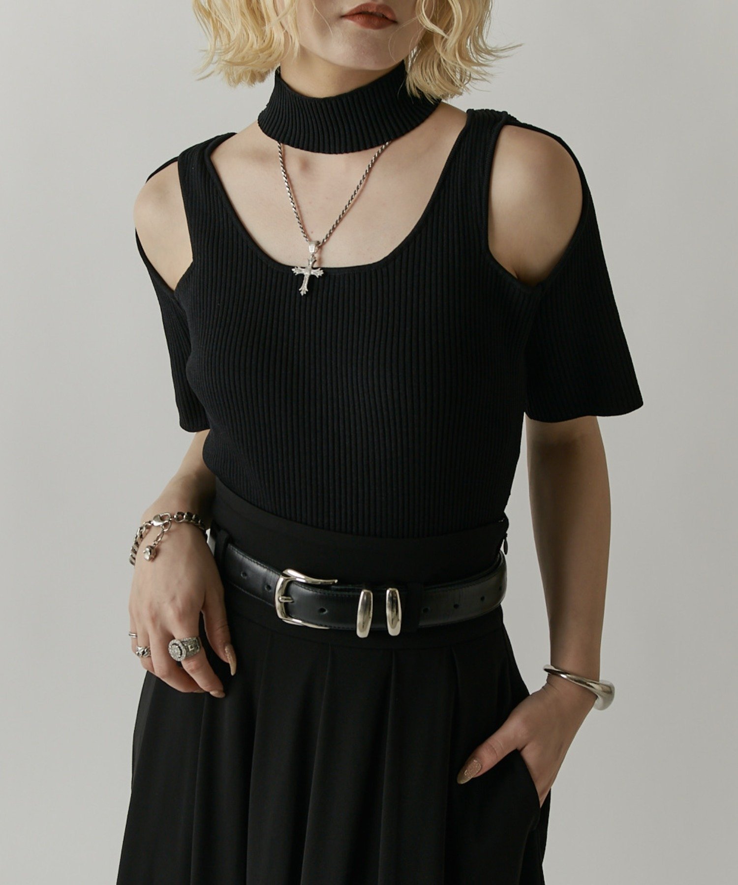 PAL GROUP OUTLET 【Lui's】チョーカーリブニットtee パル グループ アウトレット トップス ニット ブラック グレー