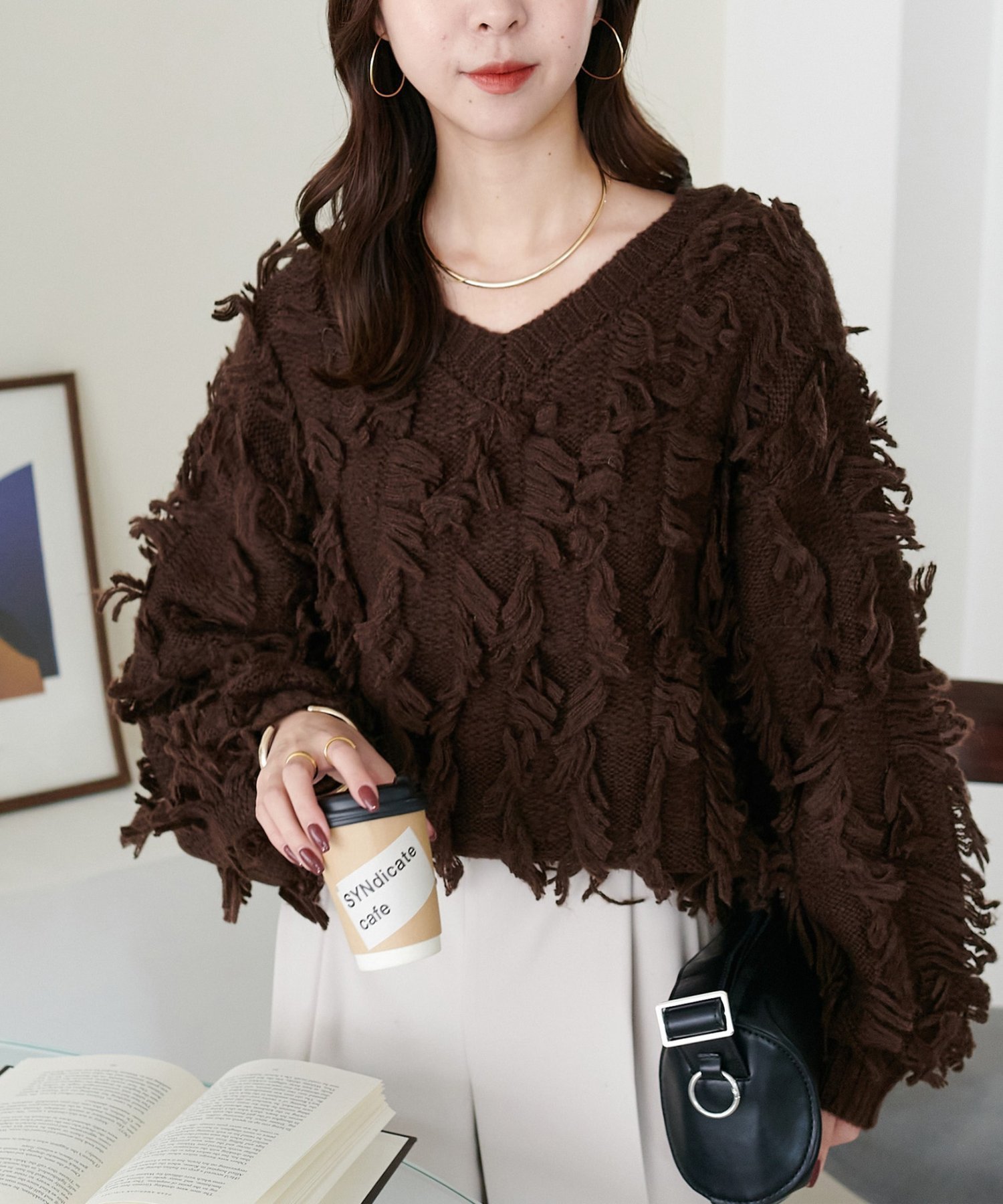 Discoat フリンジプルオーバー ディスコート トップス ニット グレー ホワイト ブラウン【送料無料】