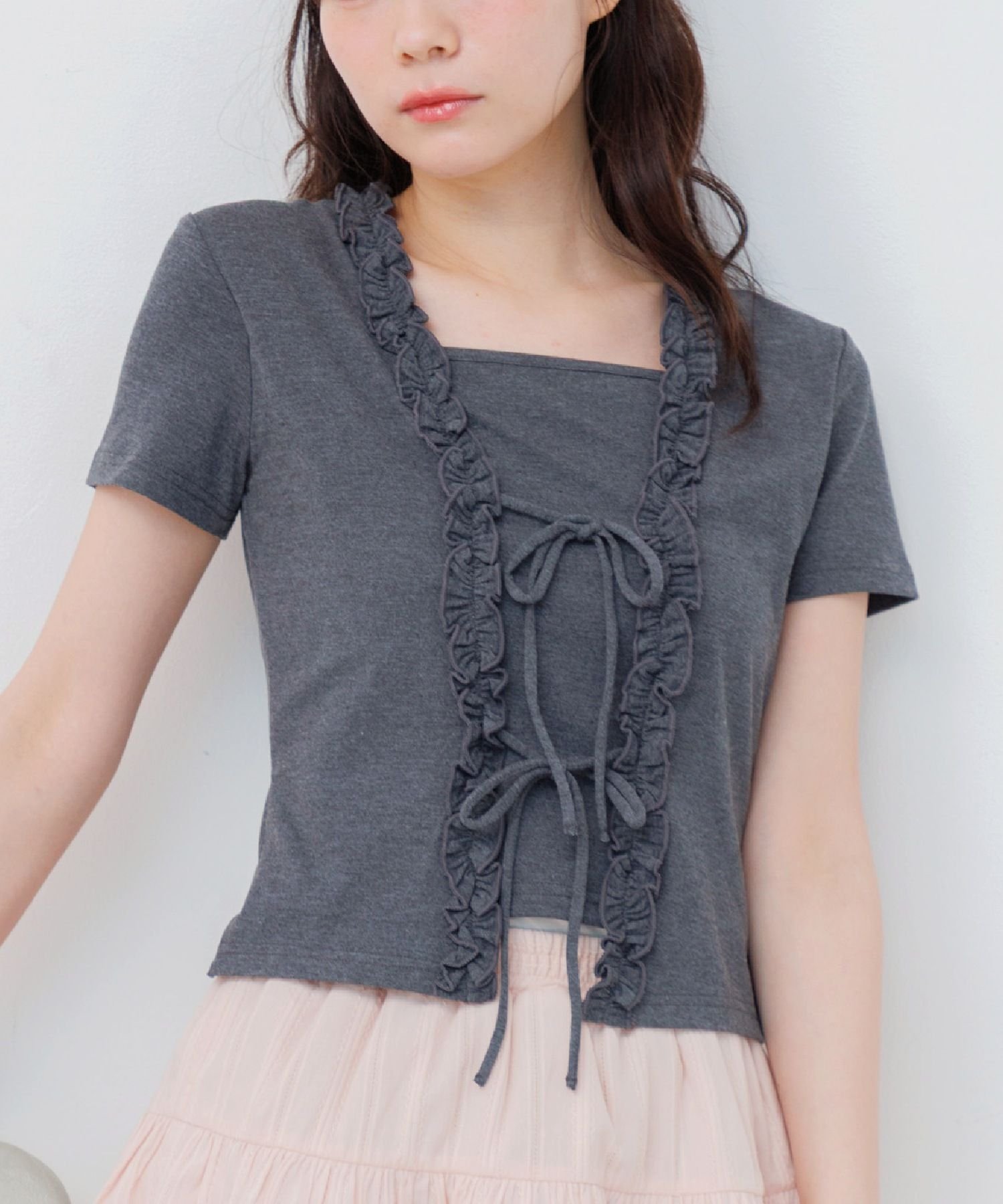 前リボンレイヤードカットソー レトロガール トップス カットソー・Tシャツ ブラック ブラウン グレー